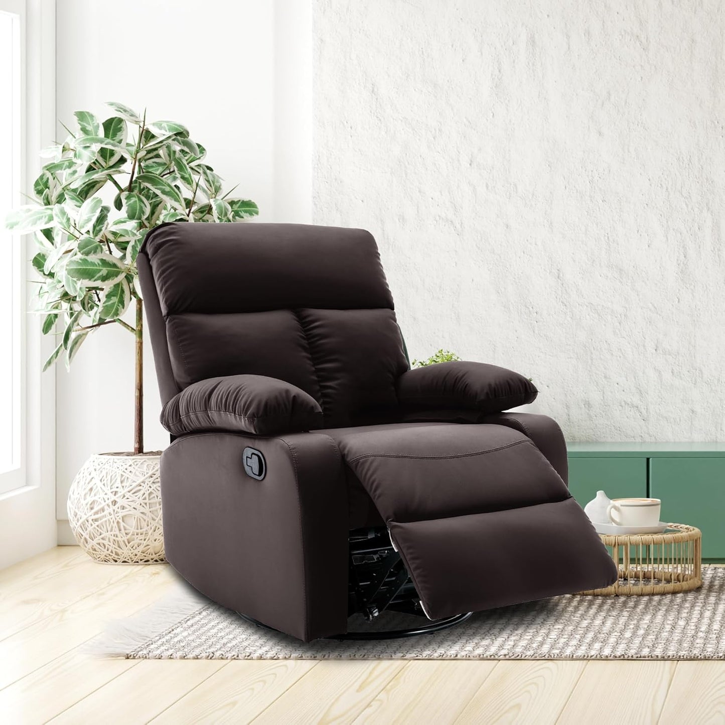 Swivel Rocker - Small Recliner for Small Spaces with Overstuffed Arms and Back, Manual Swivel Recliner Chair with Ultra-Soft Velvet for Living Room, Nursery, Bedroom, Dark Gray