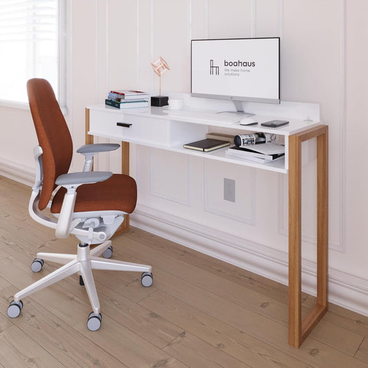 Boahaus Modern Computer Desk with USB Port & Storage - White/Brown - Space-Saving Home Office Desk