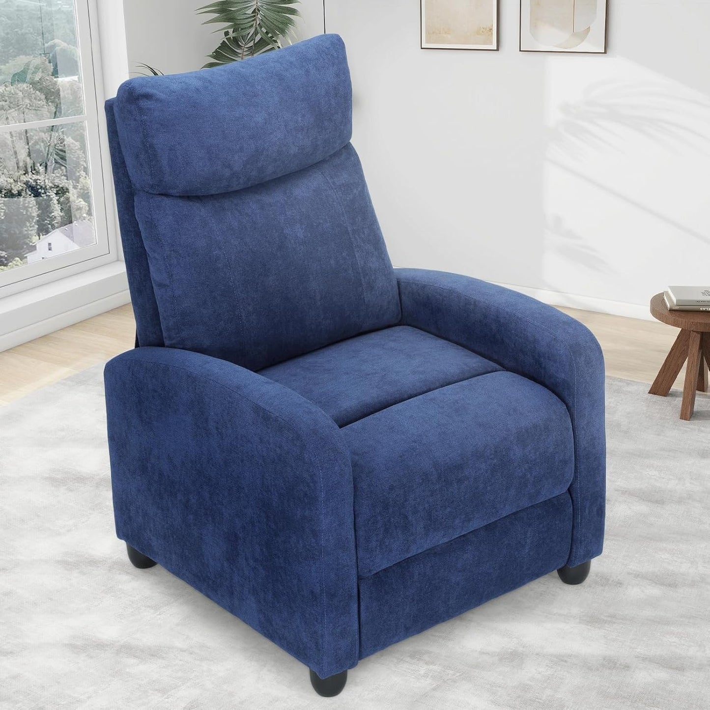 Athena Collection Recliner Chair, Reclining Lounge Chair with Adjustable Backrest and Footrest for Adults, Linen Upholstered Small Recliner Single Sofa for Small Space, Living Room, Bedroom, Blue