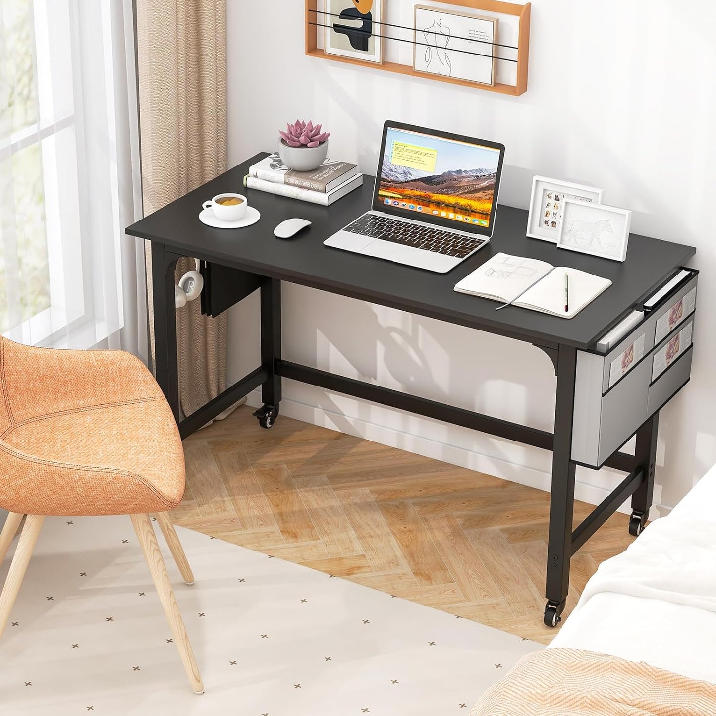Tangkula 48” Mobile Computer Desk with Storage Bag & 2 Hanging Hooks, Rolling Home Office Writing Study Desk, Rolling PC Workstation with Lockable Universal Casters for Study Room, Bedroom