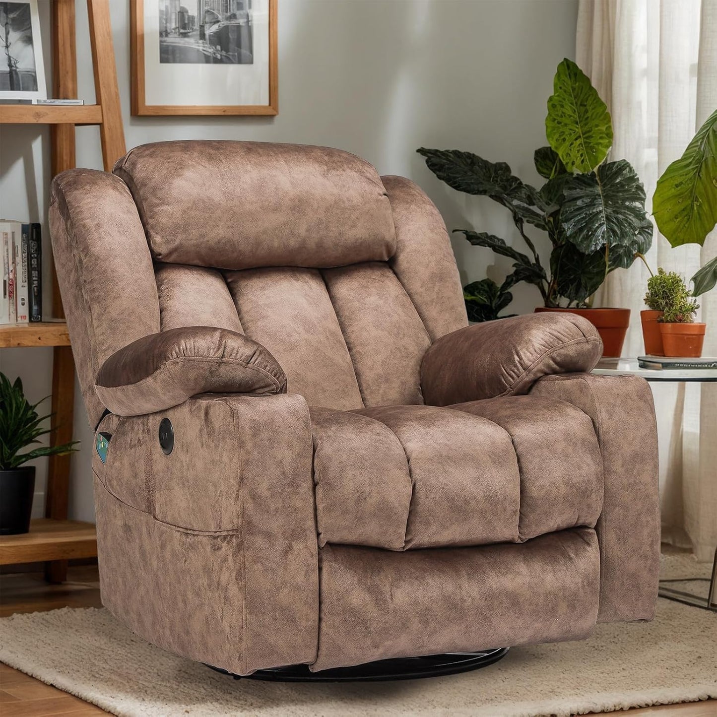VIVIJASON Manual Swivel Rocking Glider Recliner Chair with Heat & Vibration Massage, 360° Swivel Overstuffed Reclining Chair with 2 Cup Holders, Side Pockets & USB Ports for Living Room, Plush Gray