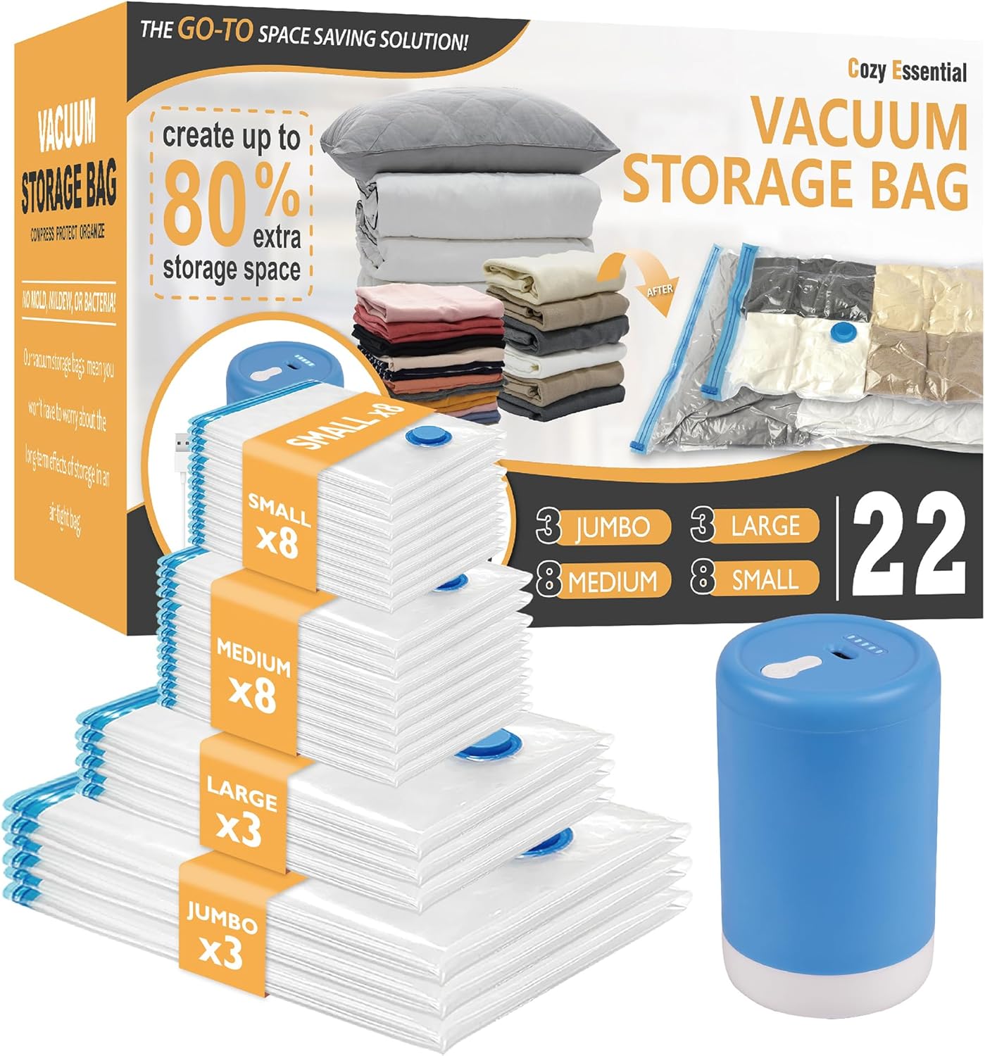 20 Pack Vacuum Storage Bags, Space Saver Bags (4 Jumbo/4 Large/4 Medium/4 Small/4 Roll) Compression for Comforters and Blankets, Sealer Clothes Storage, Hand Pump Included