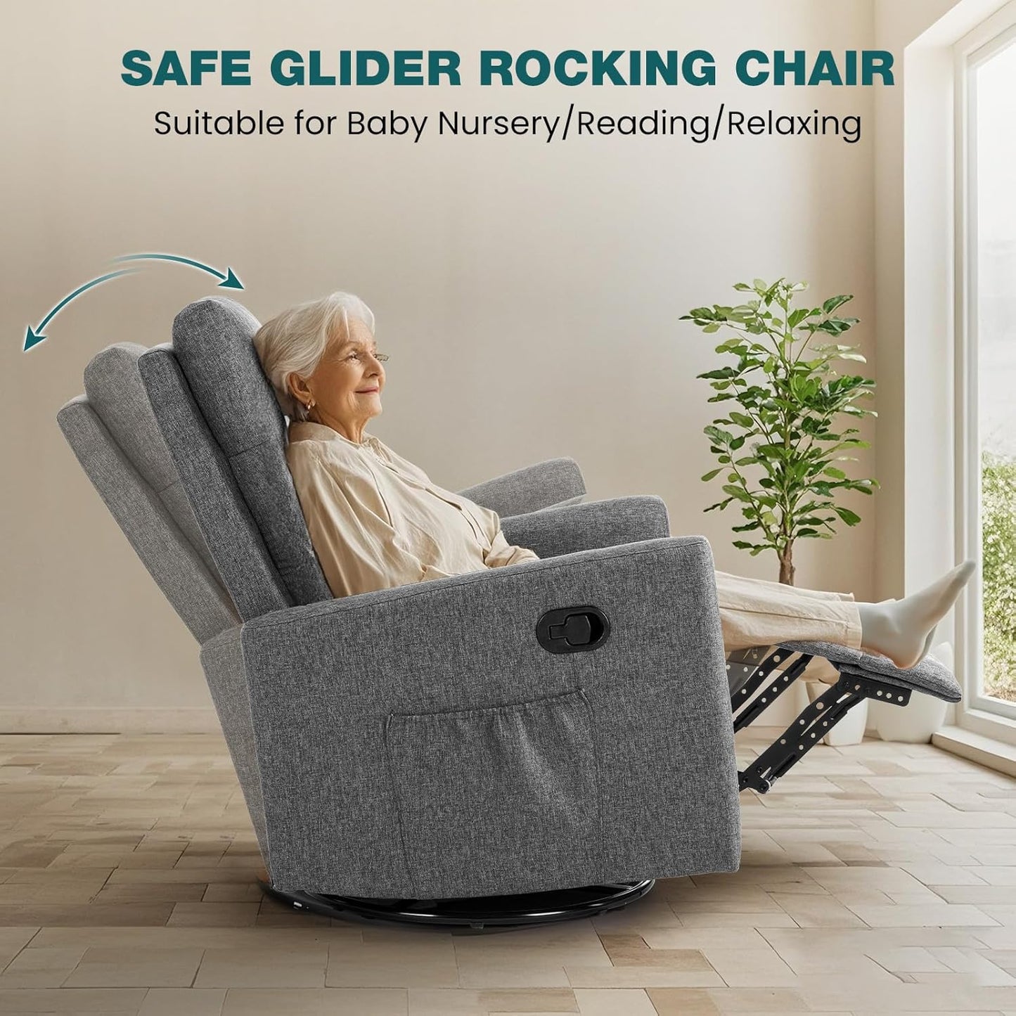 SMUG Swivel Rocking Recliner Chair with Extra Large Footrest High Back, Upholstered Glider Nursery Chair for Living Room, Bedroom & Nursery, Comfortable Deep Seat for Relaxation, Grey