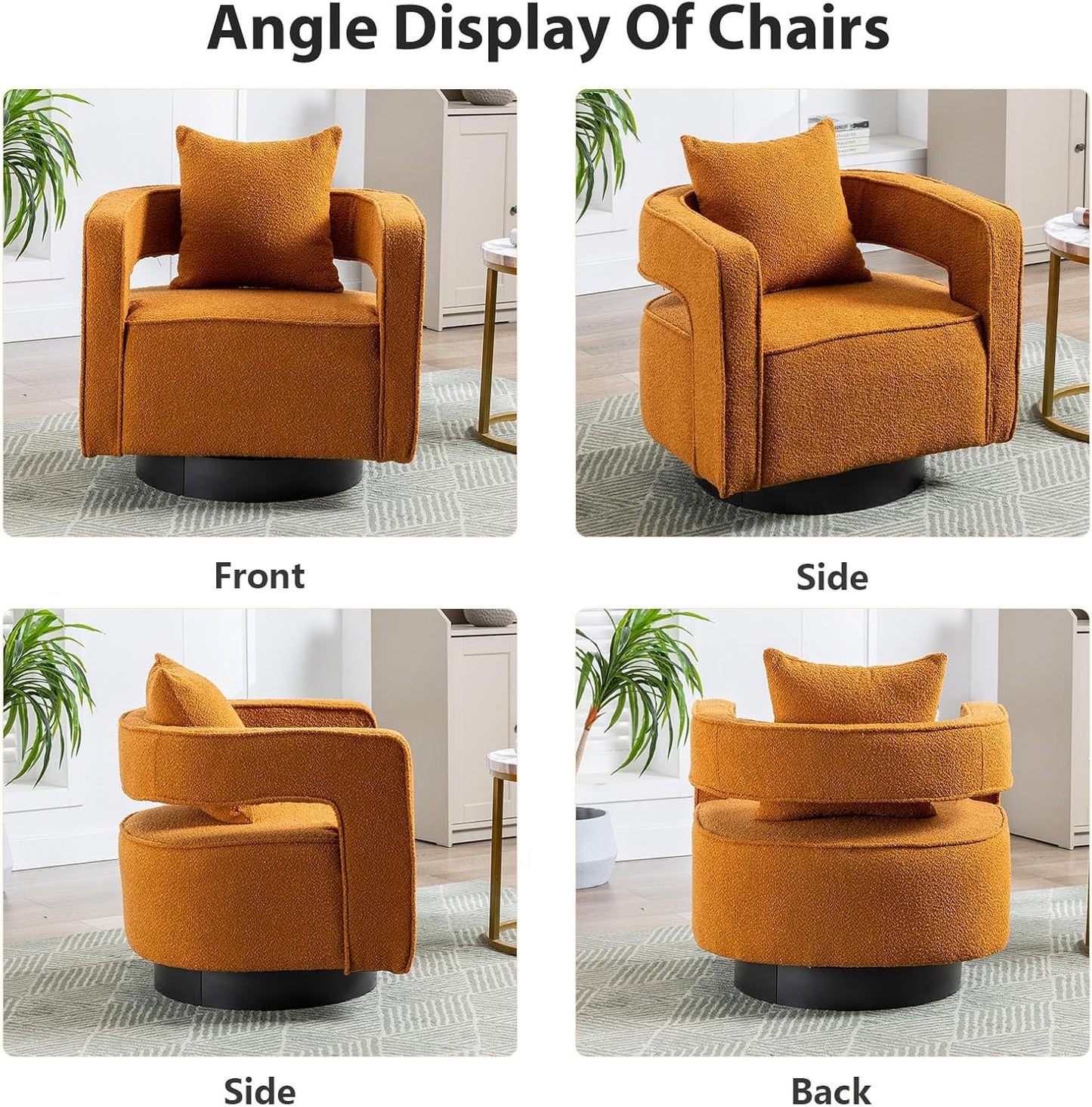 Swivel Barrel Chair Set of 2, Modern Teddy Round Accent Chairs Curved Open Back, 360 Degree Swivel Arm Chair with Pillow, Single Sofa Chair for Living Room Bedroom,Orange