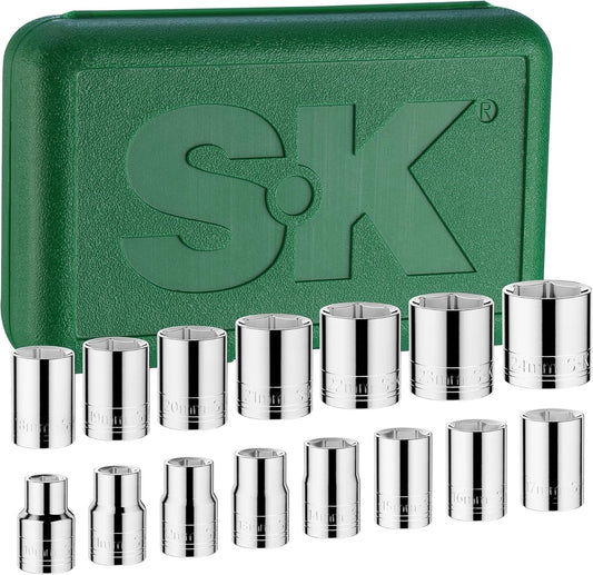 SK Tools USA 1/2"Drive Socket Set, Metric Sockets, 15-Piece 10-24mm, SuperKrome Finish, Premium CR-V Construction, 6 Point, with Storage Case