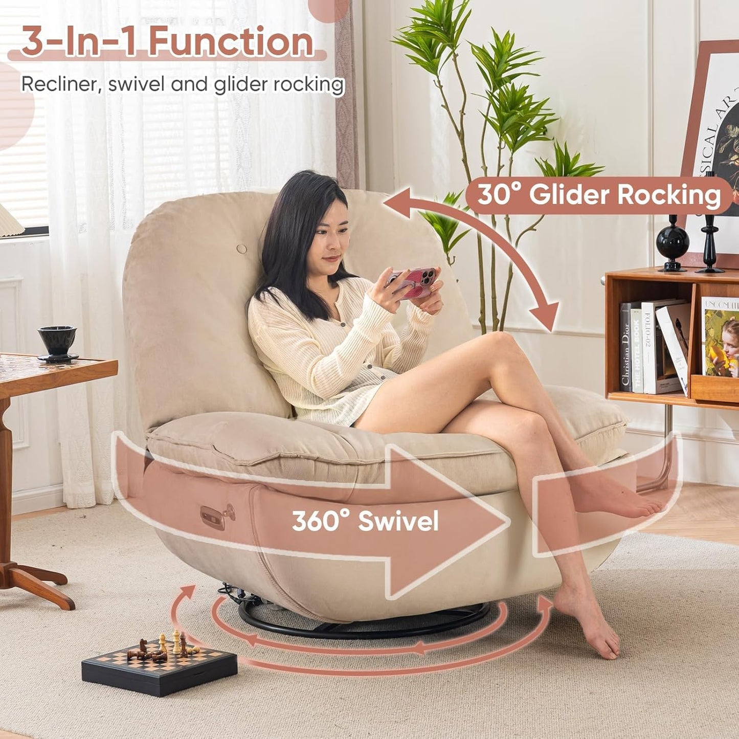 Smart Oversized Electric Recliner Chair, 360° Round Swivel Rocking Glider Rocker for Adults Modern Comfy Ergonomic Chaise Lounge Indoor, Theater Seating Living Room Chairs Reading, Soft Camel Fabric