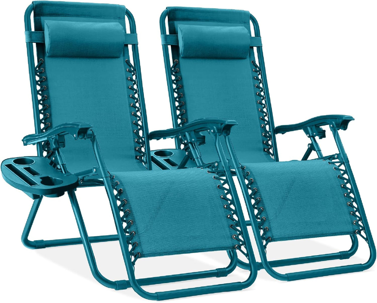 Best Choice Products Set of 2 Adjustable Steel Mesh Zero Gravity Lounge Chair Recliners w/Pillows and Cup Holder Trays - Black