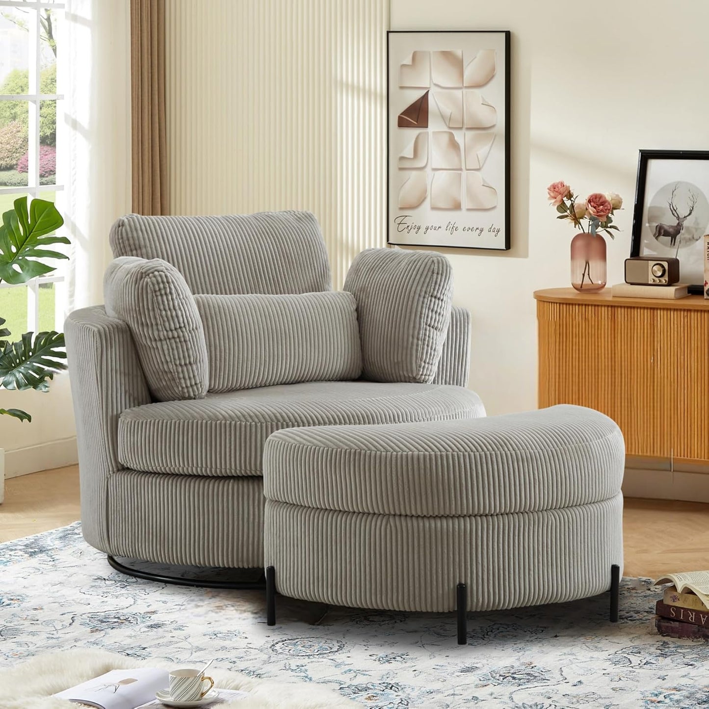 Sinzho & Wiyfun 42" Oversized Swivel Accent Chair Upholstered Striped Corduroy Large Round Barrel Chair with 4 Pillows for Living Room, Ivory
