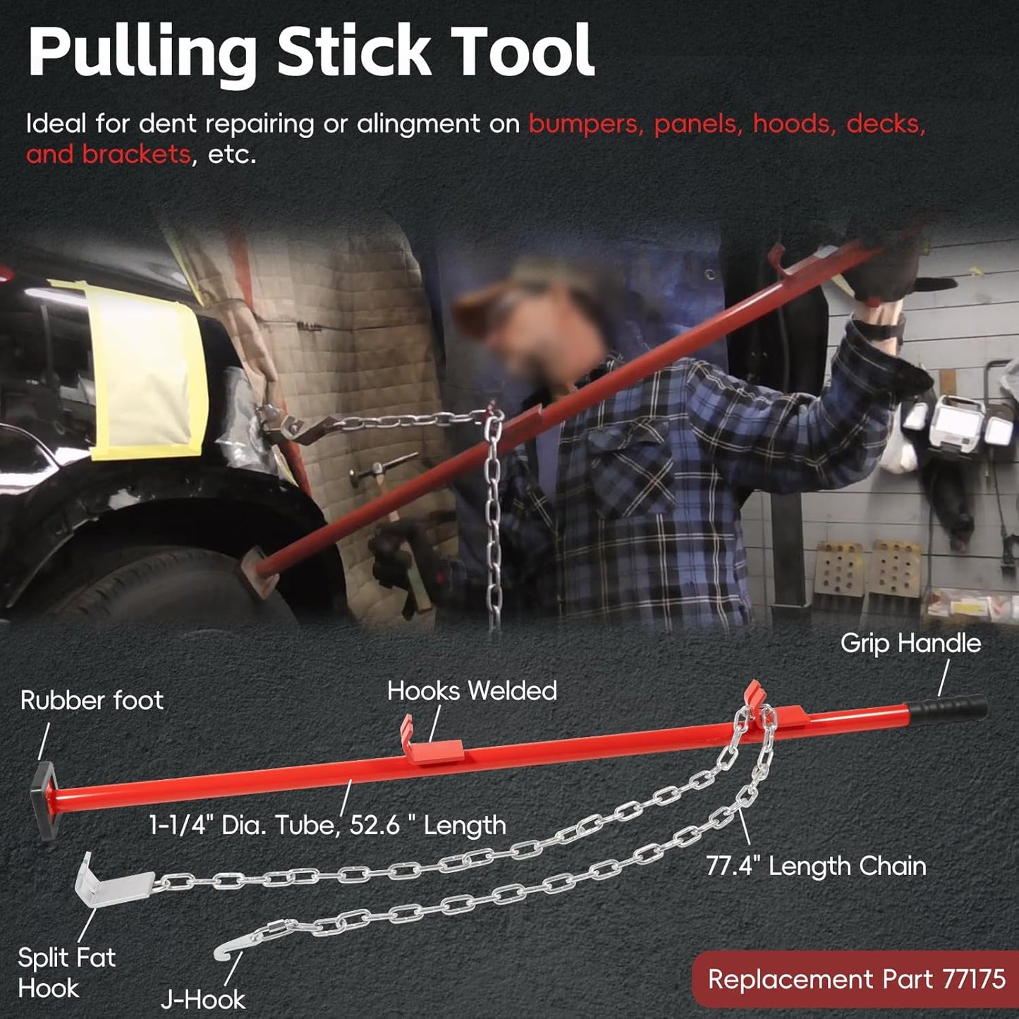 Sunluway 77175 Auto Body Alignment Bar Pulling Stick Tool 52in for Car Repair Bumper Hood Panel Deck & Bracket Dent Puller Stick Alignment Repair Tool Auto Body Dent Repair Tool with Chain