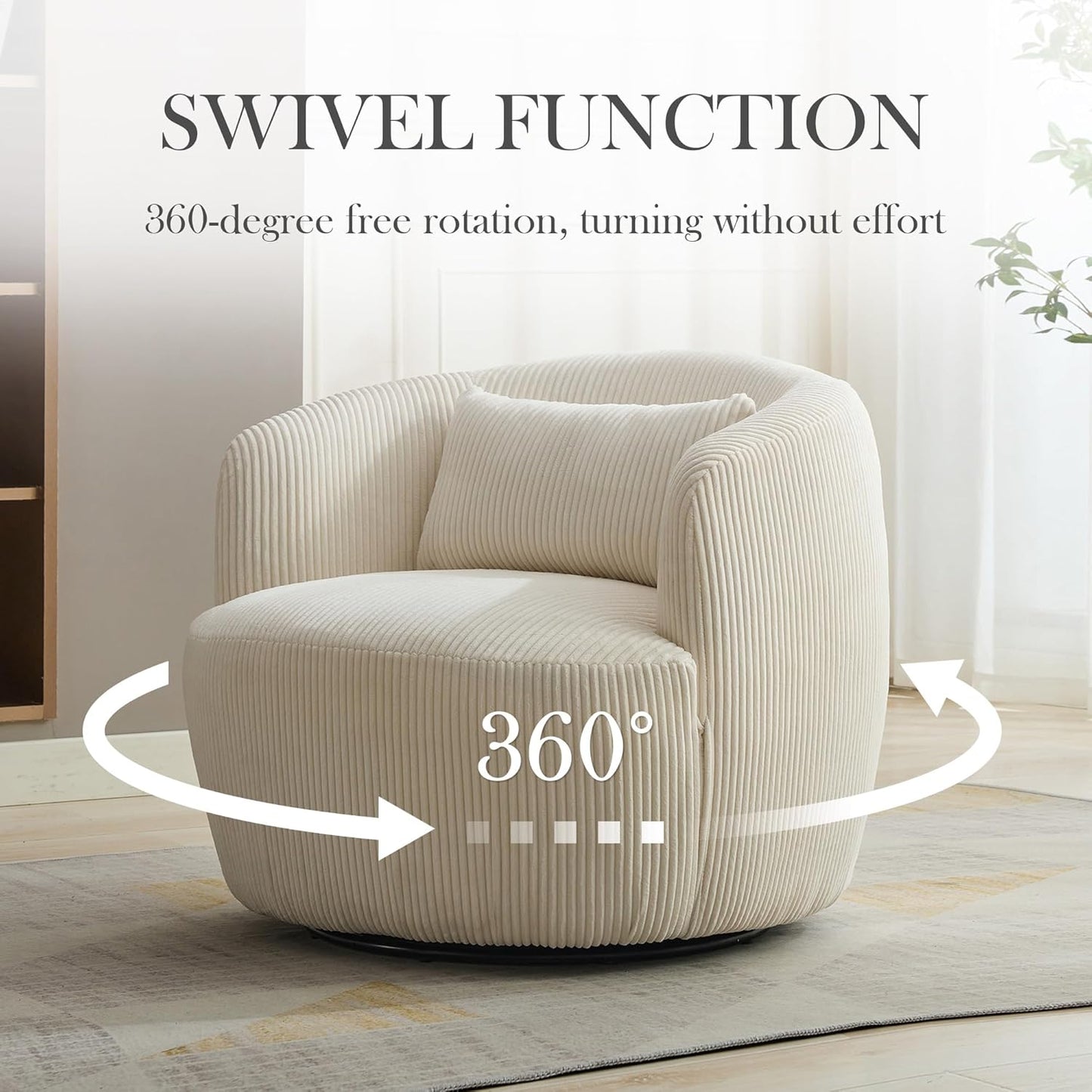 Aoiy & Wifon 34.25" W Swivel Barrel Chair, Upholstered Round Small Accent Chair, Single Comfy Barrel Chair for Living Room, Corduroy, Ivory