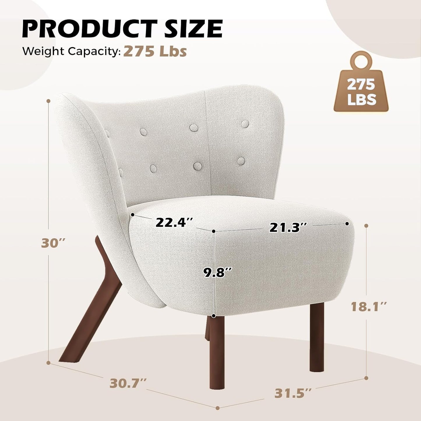 Bonzy Home Modern Accent Chair, Fabric Upholstered Wingback Side Chair with Wooden Legs, Slipper Chair for Living Room, Bedroom, Entryway, White
