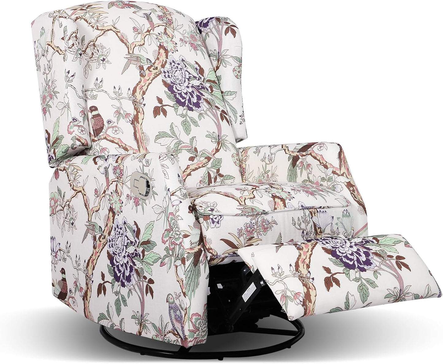 Swivel Rocker Recliner - Printed Modern Wingback Chair for Living Room, Nursery With Adjustable Backrest & Footrest, 360 Degree Swivel, Rocking, Blue Floral
