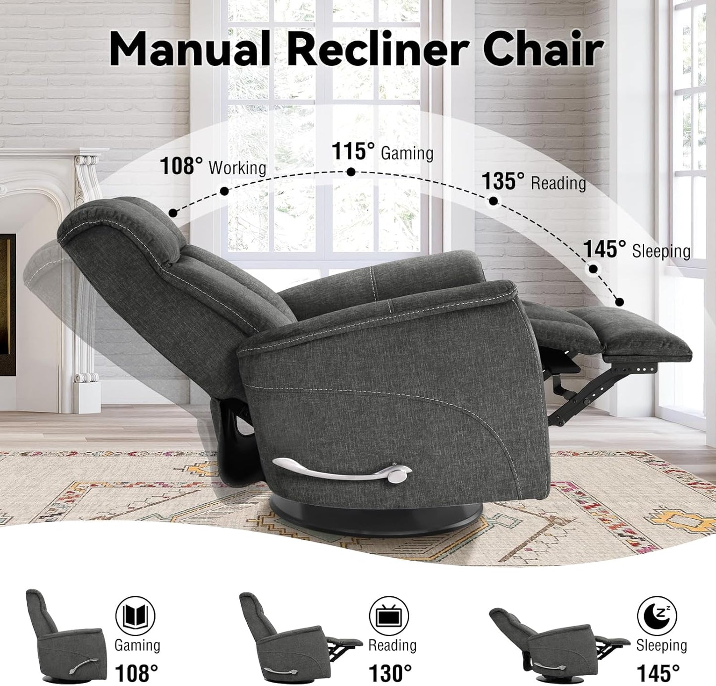 360° Swivel Rocking Recliner, Manual Comfy Nursery Glider Rocker Chair for Indoor Bedroom, Upholstered Soft Fabric Living Room Reclining Chair with Lumbar Support for Adults (Dark Gray)