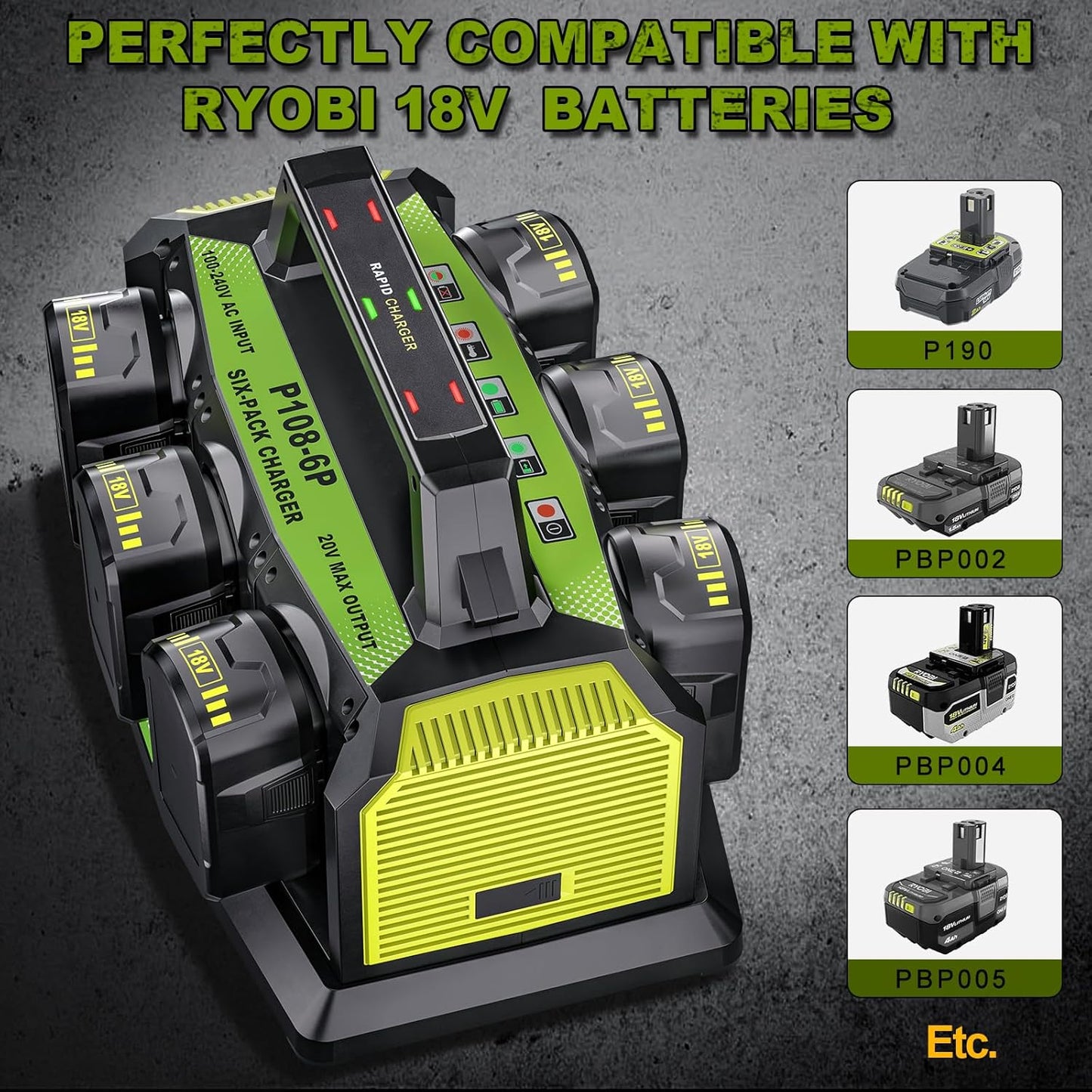 6-Ports Rapid Meanwhile Charger Station for Ryobi 18V Battery,Fast Charger for ONE+18V Multi Battery,Simultaneous Charging of 6 Port Each 3A Compatible,Compatible with Ryobi Battery Power Tools