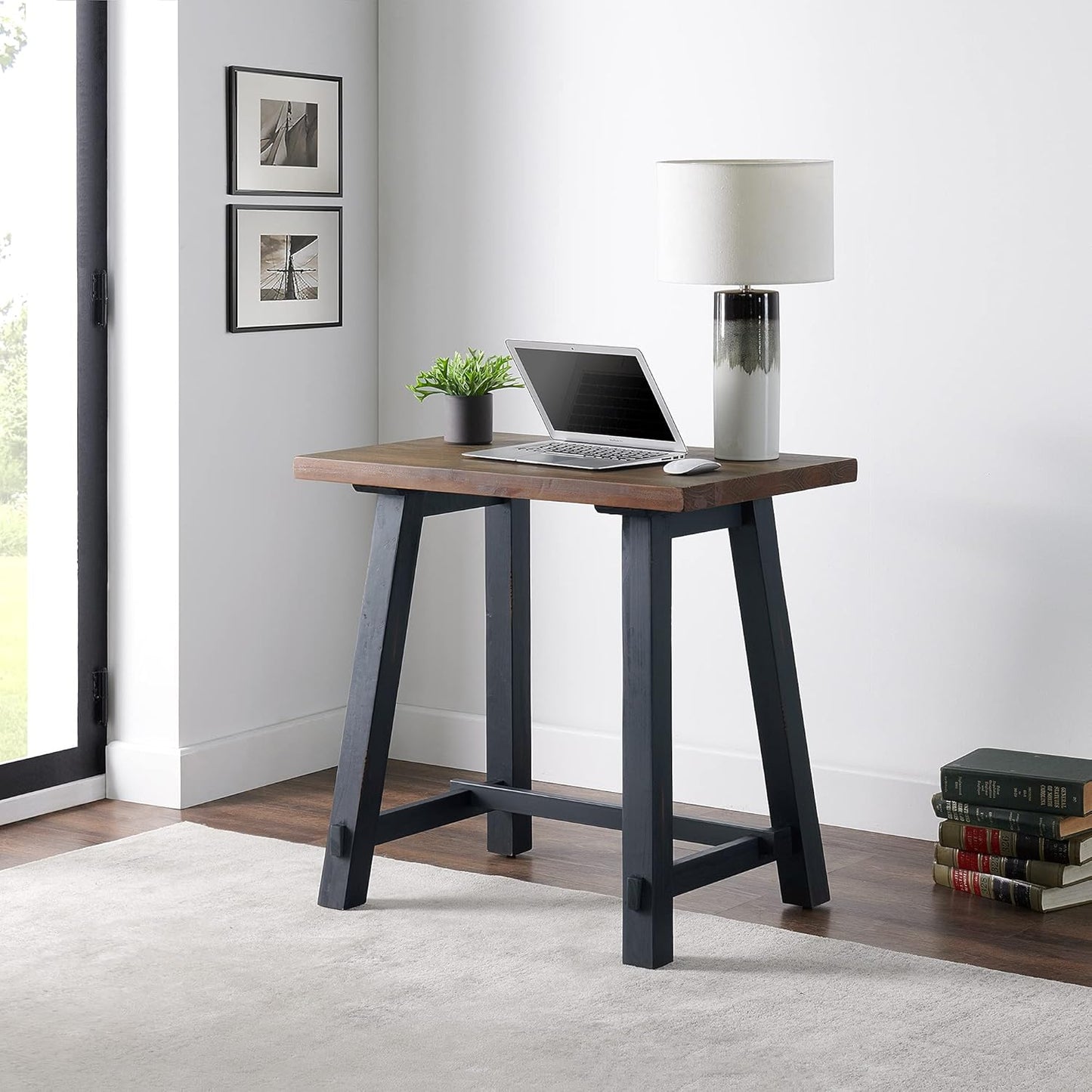 Adam 32 in. Solid Pine Wood Desk, Rustic Industrial Style, Distressed Black Sawhorse Legs, Compact Office Desk, Natural Wood Characteristics, 32 in. W x 21 in. D x 30 in. H, Ideal for Home Office