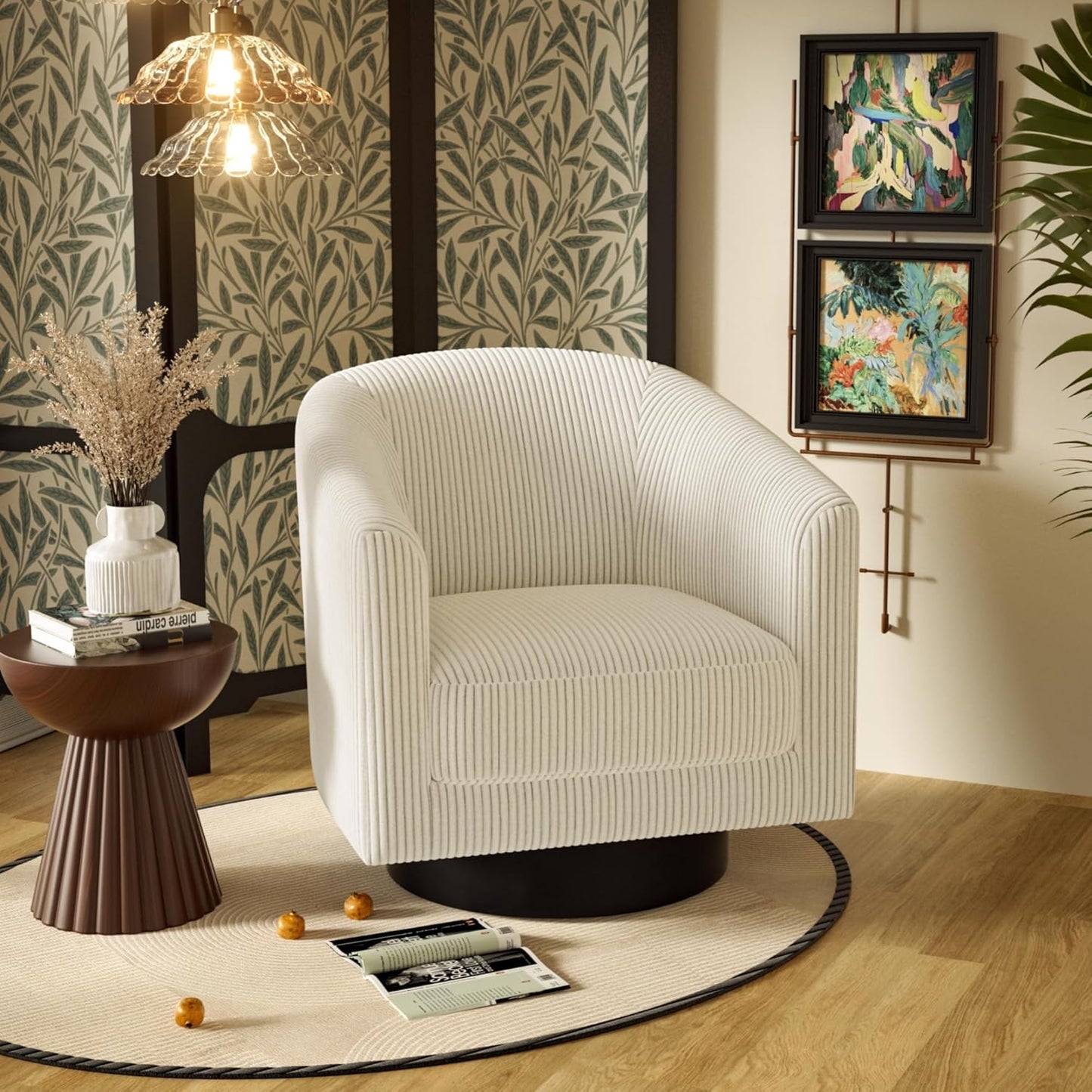 Swivel Accent Chairs Set of 2, 360° Bucket Chair, Modern Upholstered Barrel Armchair, Comfy Corduroy Single Sofa for Living Room Bedroom. Forest Green
