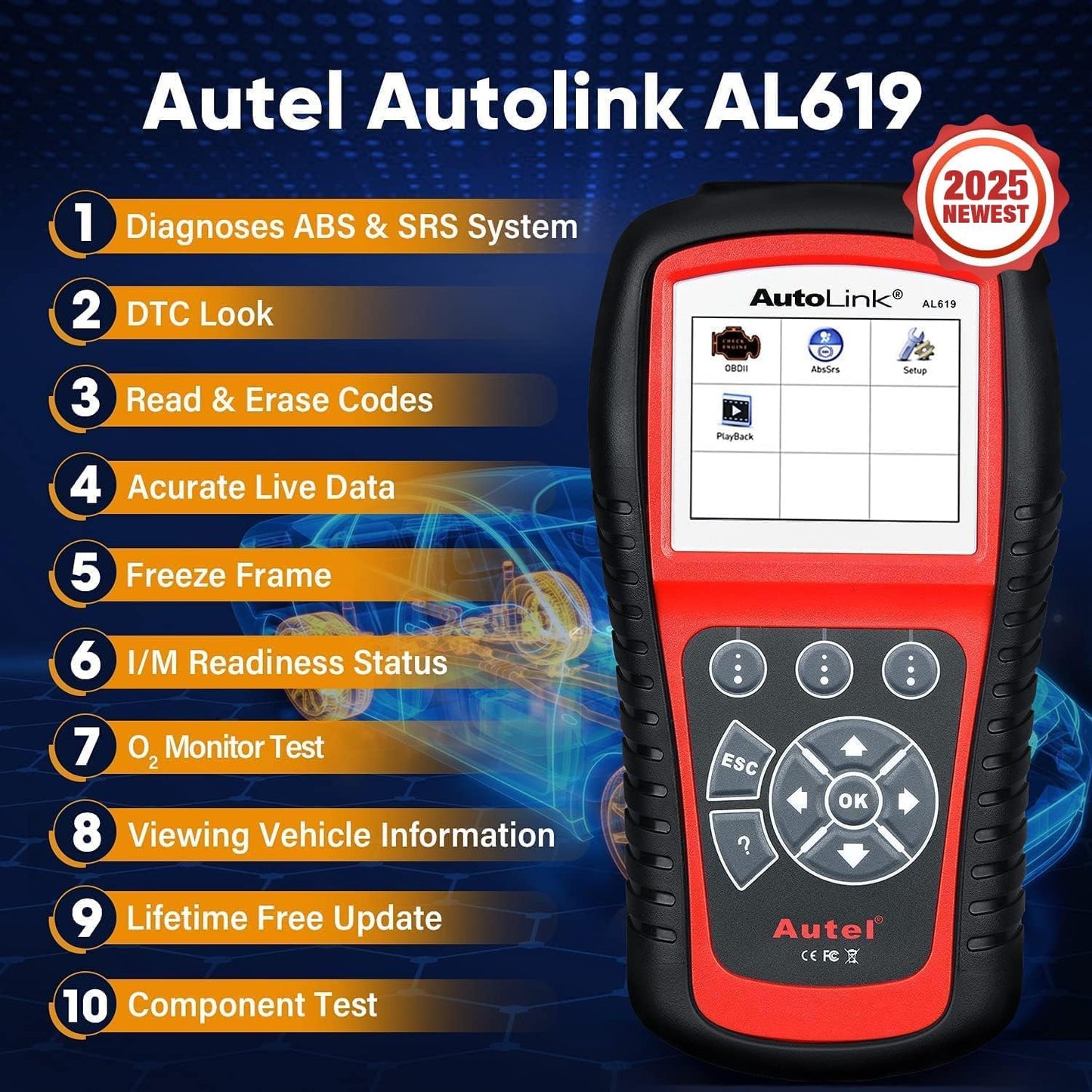 Autel AutoLink AL619 Scanner, 2025 ABS SRS Airbag Warning Light Diagnostic Scan Tool, Up of AL519 ML519 ML619, 10 OBDII Test Modes, DTCs Lookup, Live Data, Turn Off Check Engine Light OBD2 Code Reader