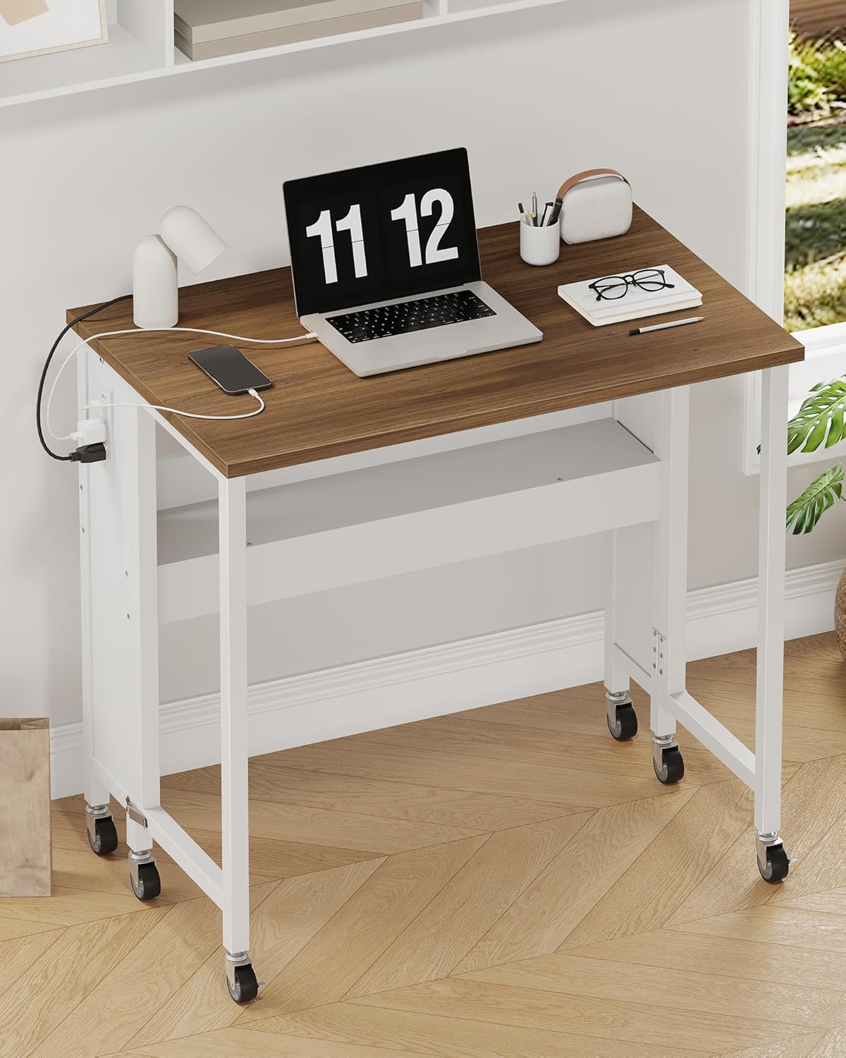 31.5" Modern White Folding Computer Desk with Power Outlets, Wheels, Storage, Perfect for Small Spaces White TDN01UWB