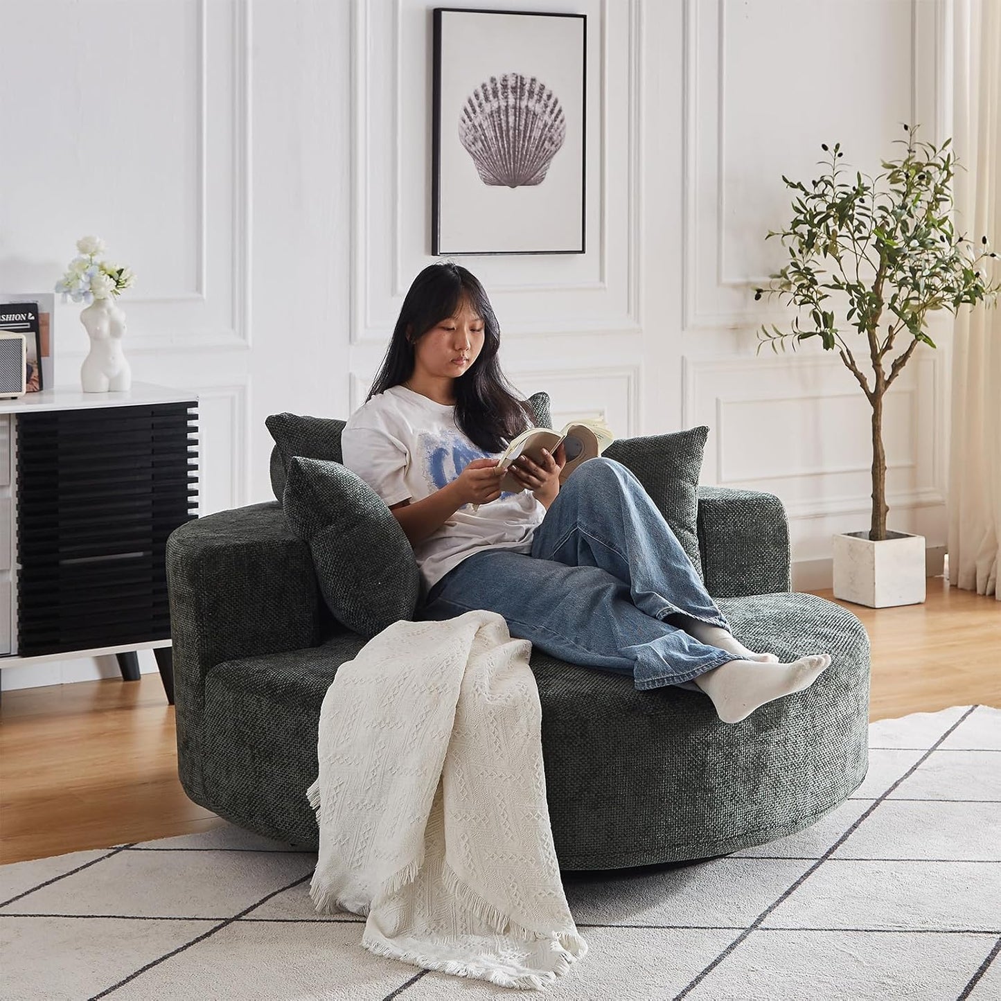 55 inch 360° Swivel Accent Chair, Chaise Lounge Chair Indoor Oversized Round Swivel Accent Chair Modern Corduroy Single Sofa Chair Deep Seat Chair for Living Room Bedroom Apartment, Grey