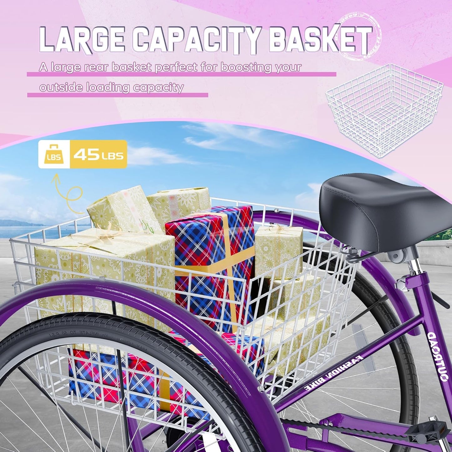 1/7 Speed Adult Tricycle, 24/26 Inch 3 Wheel Bikes with Large Basket, Cruiser Bike for Women/Men/Seniors, Adult Trike for Outdoor/Shopping/Recreation/Picnic