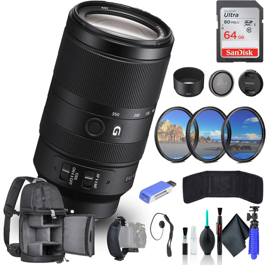 Sony E 70-350mm f/4.5-6.3 G OSS Lens SEL70350G, 64GB Memory Card, Filter Kit, Backpack, Card Reader, Flex Tripod, Memory Card Wallet, Cap Keeper, Cleaning Kit, Hand Strap
