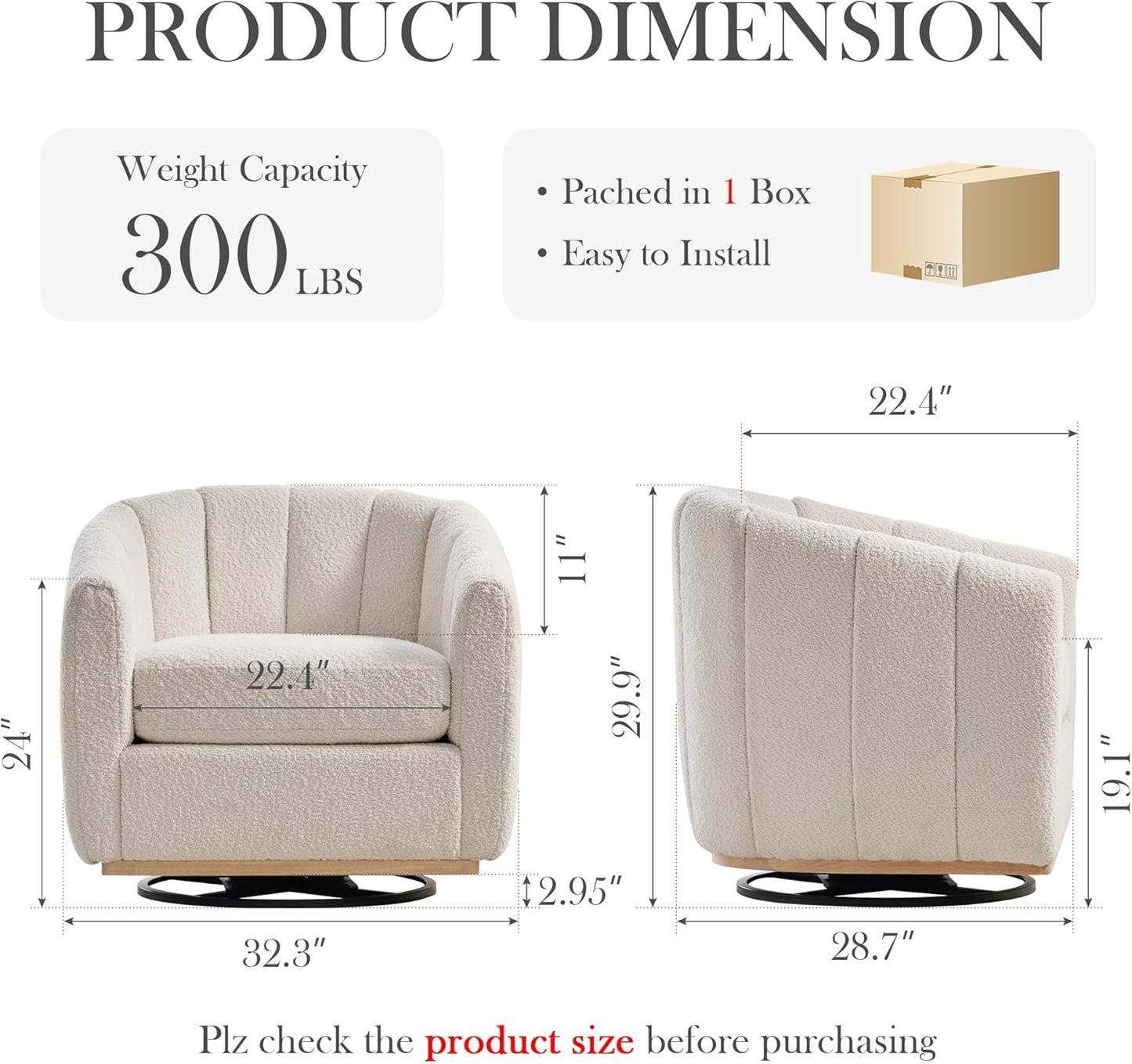 Aoiy & Wifon 32.33" W Swivel Accent Barrel Chair, Round Living Room Swivel Chair, Boucle, Ivory
