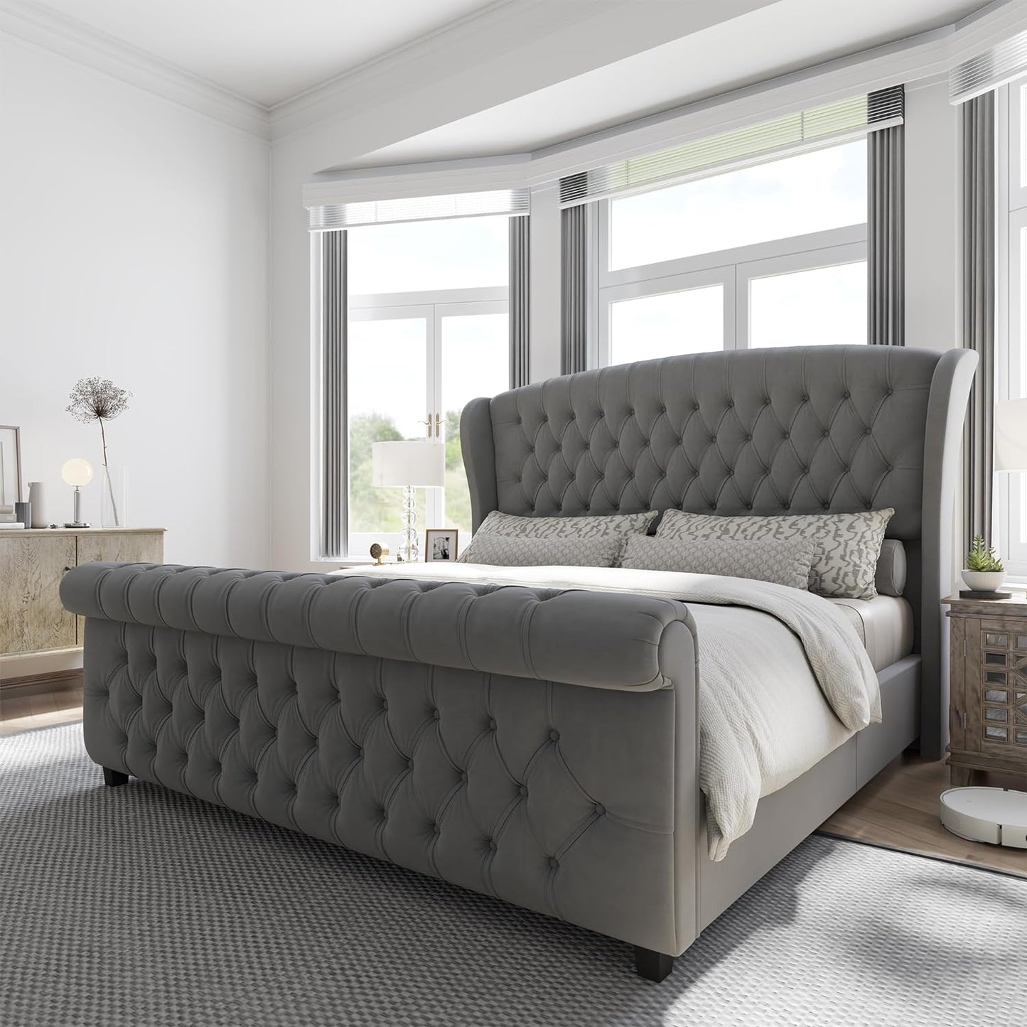 AMERLIFE Queen Size Platform Bed Frame, Chenille Upholstered Sleigh Bed with Scroll Wingback Headboard & Footboard/Button Tufted/No Box Spring Required/Cream