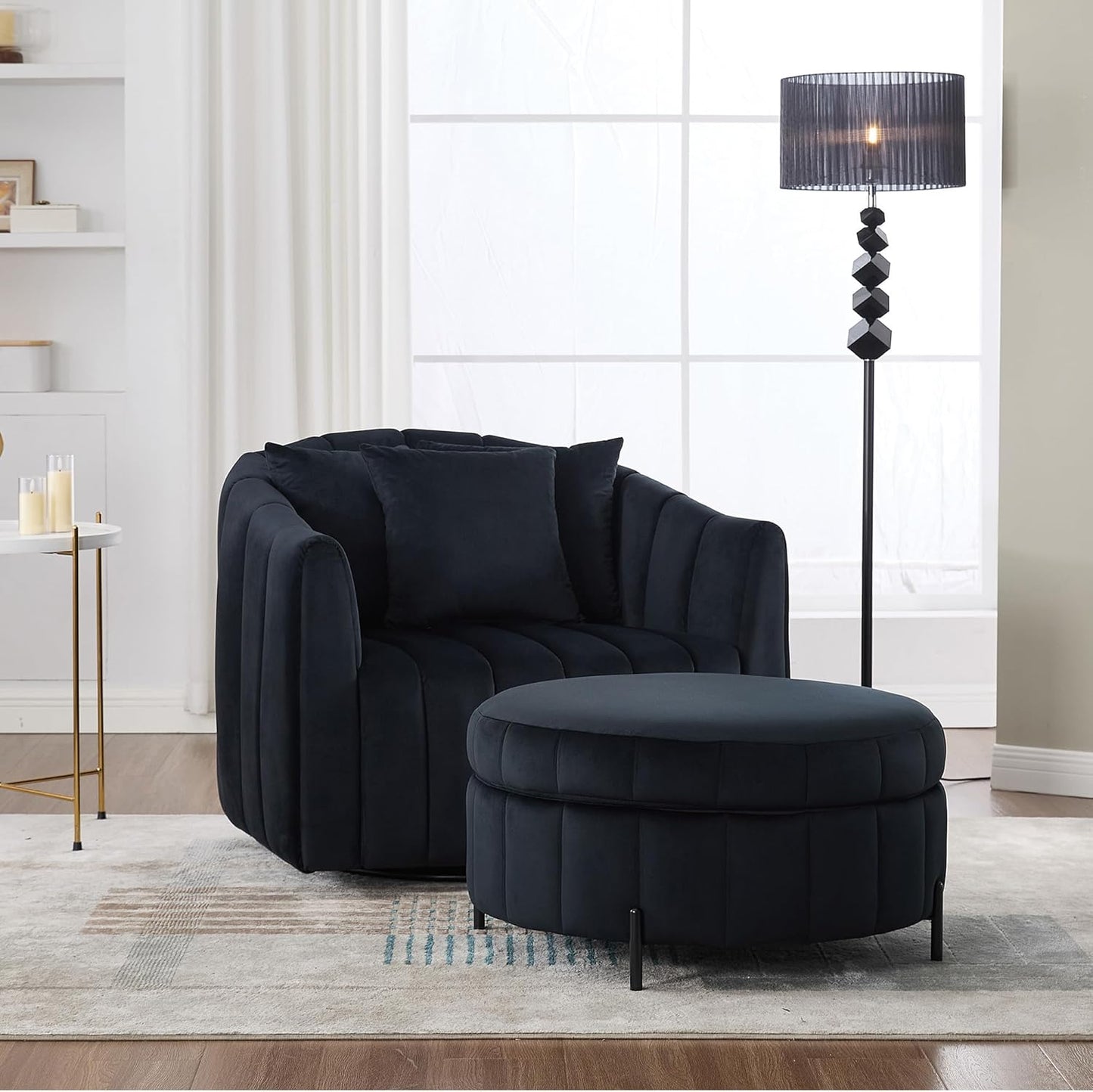 40" W Upholstered Oversized 360° Swivel Accent Barrel Chair and Half Cozy Sofa with Removable Pillows, Velvet Club Armchair for Living Room Bedroom Office Lounge, Black