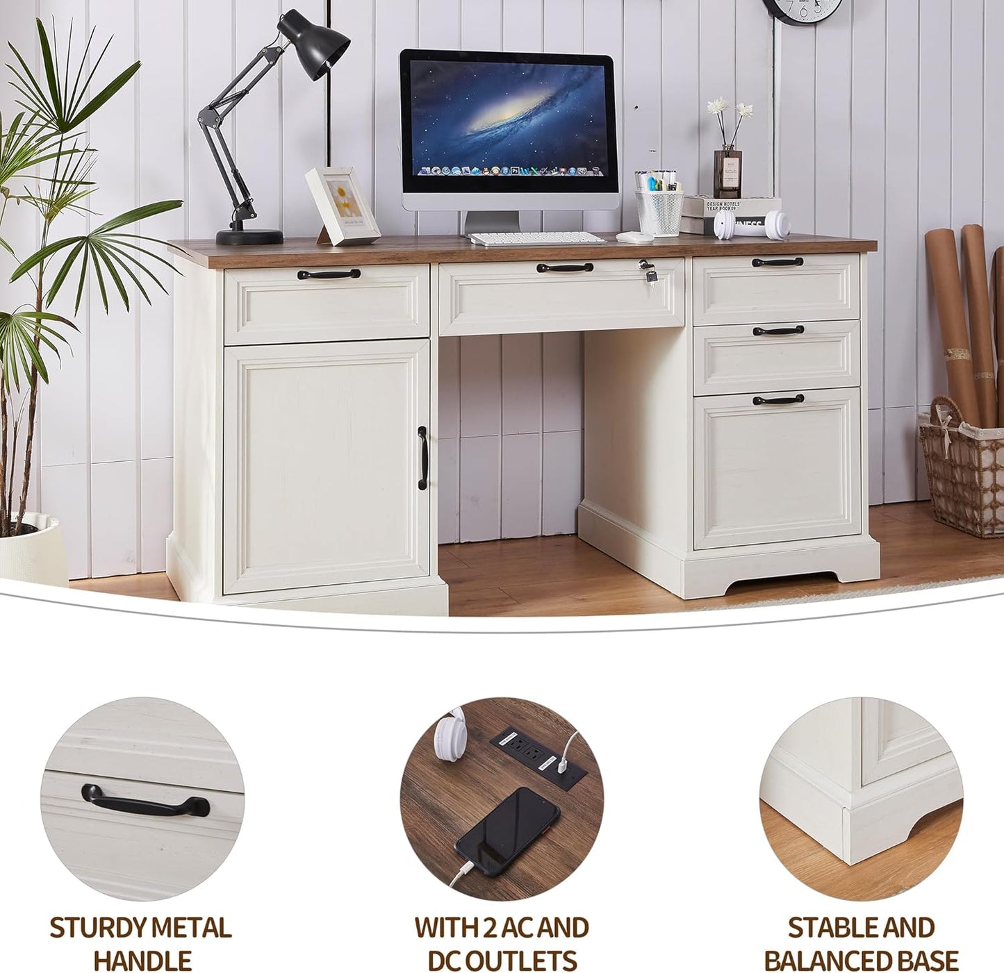 60" Farmhouse Executive Desk with Lock,Home Office Desk with Charging Station,Executive Desk with 4 Drawers & 1 Cabinet&1 File Cabinet for Office and Home