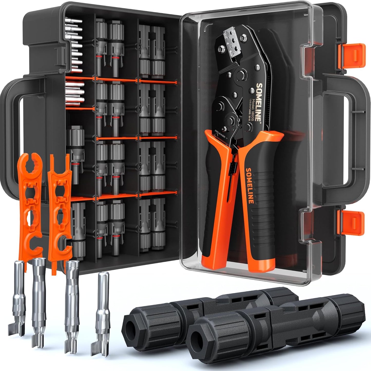 SOMELINE Solar Connector Crimping Tool Kit, 14-10 AWG Crimper for Solar Panel Cables Connectors, Toolbox Kit with 6 Pairs of Solar Connectors and Wrenches, Strippers, Crimpers and Cable Cutter