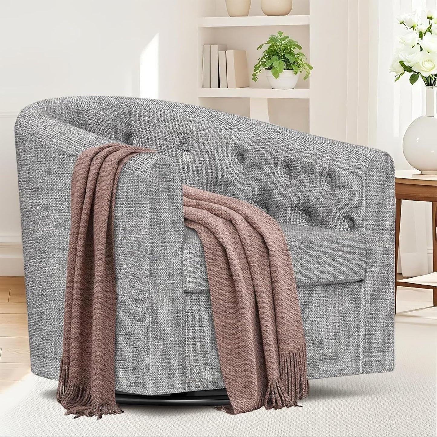 Simore Faux Leather Swivel Barrel Accent Chair Set of 2 for Living Room Bedroom, Comfy Modern Round Swivel Chair with Removable Pillow, Dark Brown