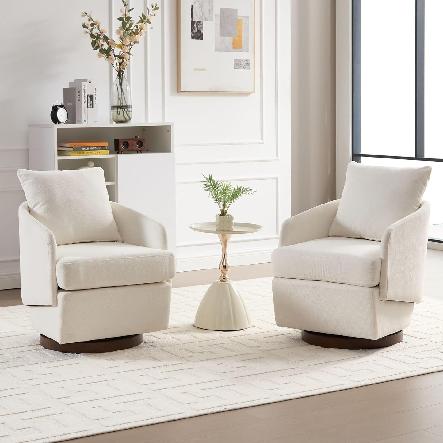 Beige Swivel Accent Chair,Comfy 360-Degree Swivel Barrel Chair with Back Pillow Living Room Bedroom Accent Arm Chairs Small Modern Upholstered Single Office Club Sofa Chair,Chenille