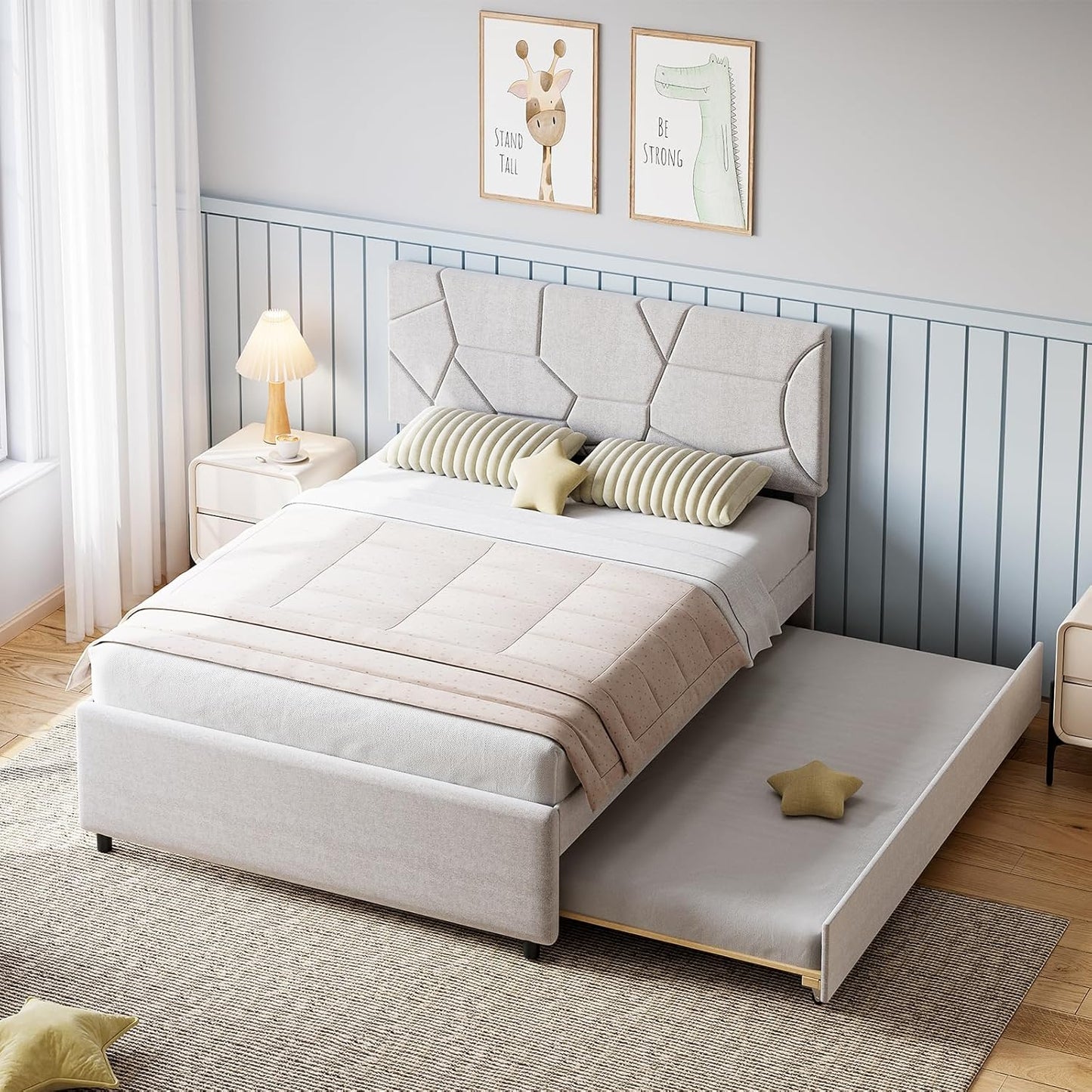 Trundle Bed Twin, Full Size Upholstered Platform Bed Frame, Pull Out Bed with Headboard, Wood Slat Support, for Bedroom, Living Room, Guest Room
