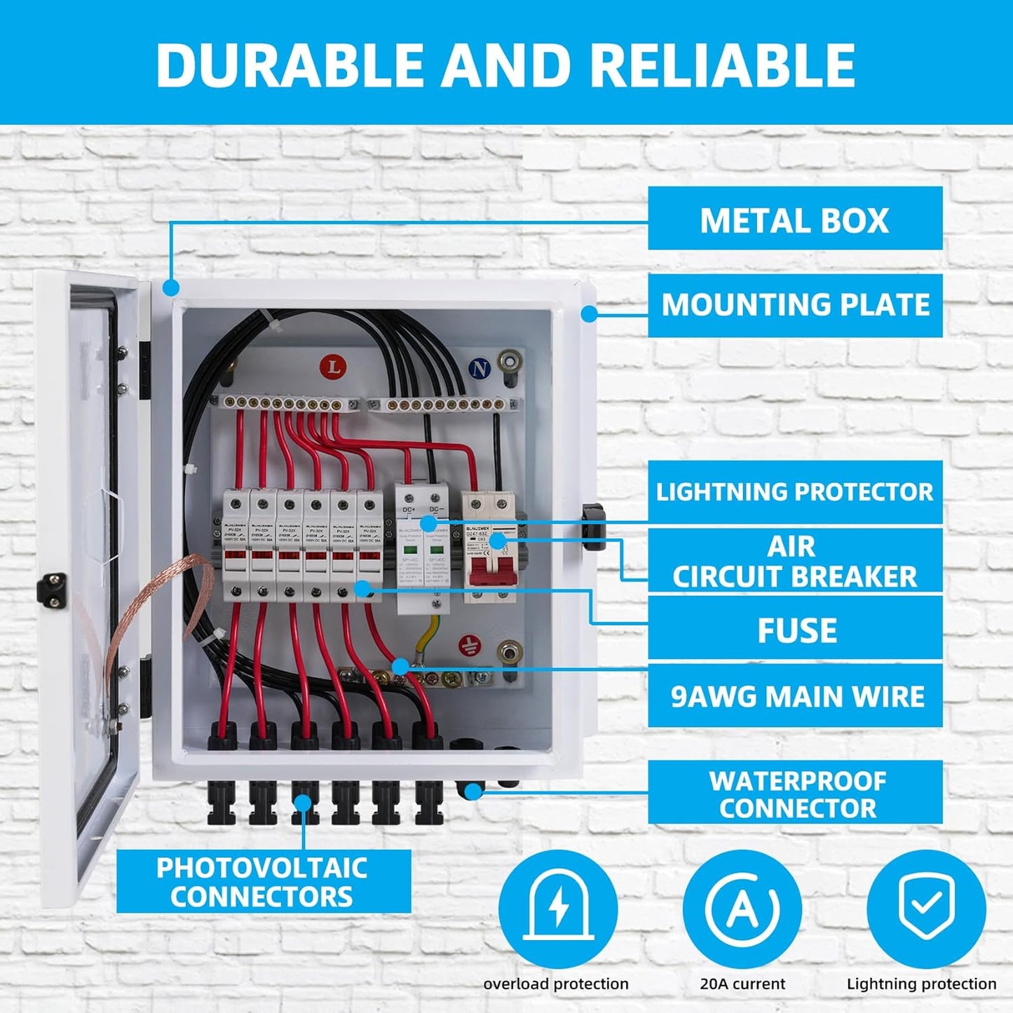 6 String Metal Solar Combiner Box, PV Combiner Box with 20A Rated Current Fuse, Surge Protective Device & 63A Air Circuit Breaker (6 String) (6 String)