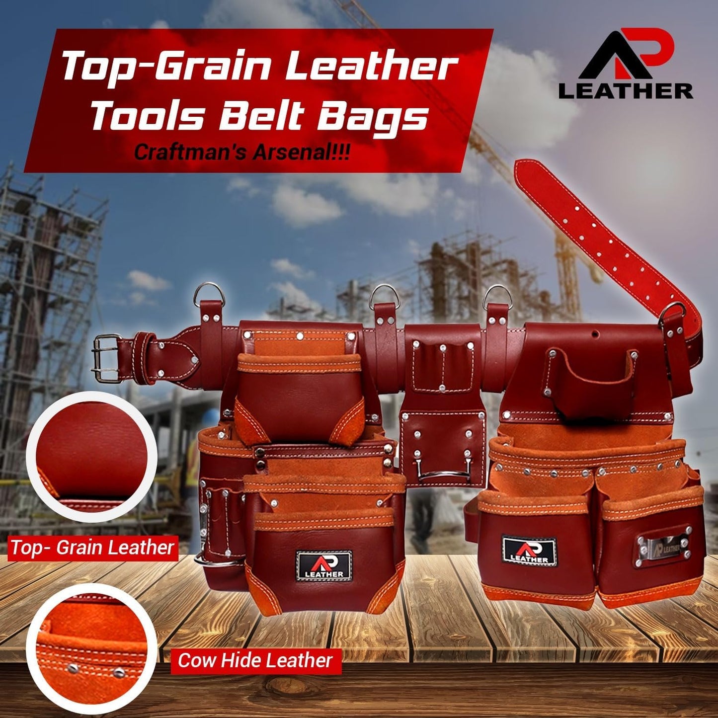 Ap-Leather Real cowhide oil tanned Leather Tool Belt/pouch/framer Set for Men/women Carpenters, Framers, Electricians, Gardeners & Construction Work with 26 Pockets.