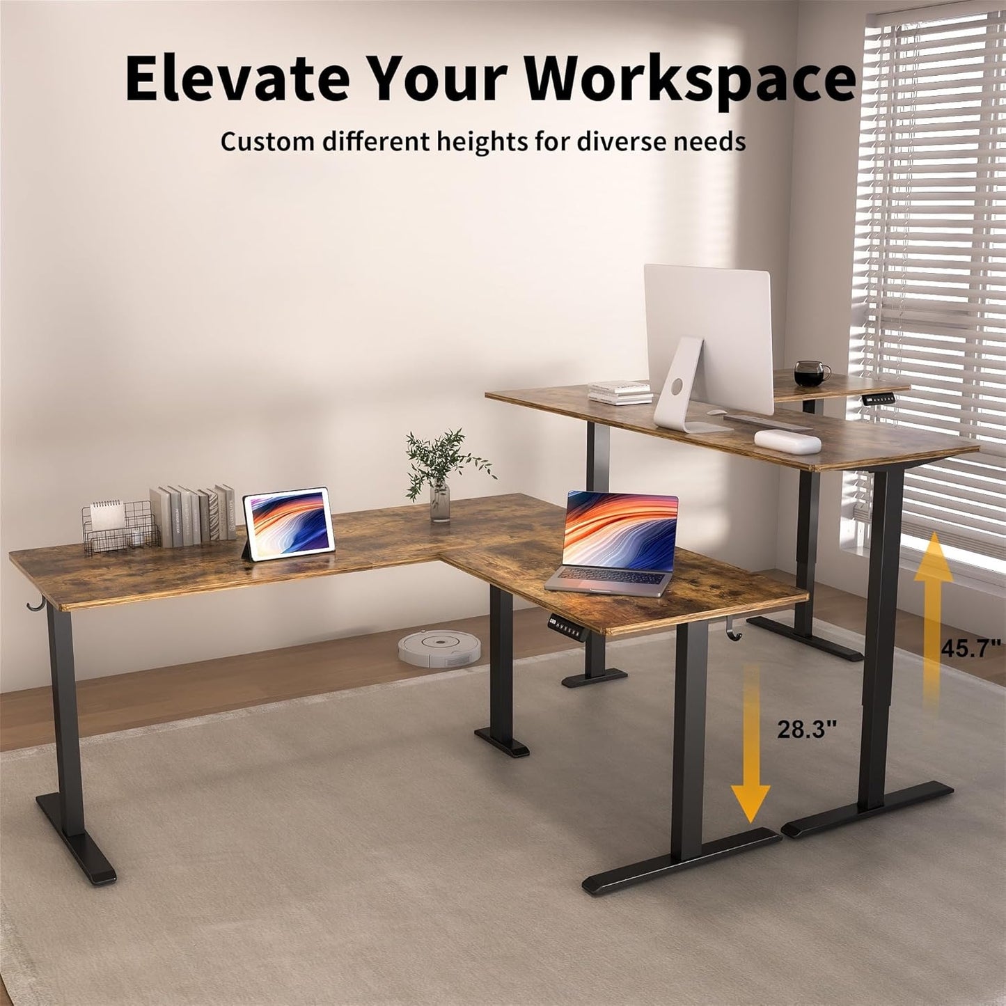 TIQLAB 63 x 55 inch L Shaped Standing Desk Adjustable Height, Electric Corner Standing Desk, Sit Stand Computer Table with Splice Board, Rustic Brown