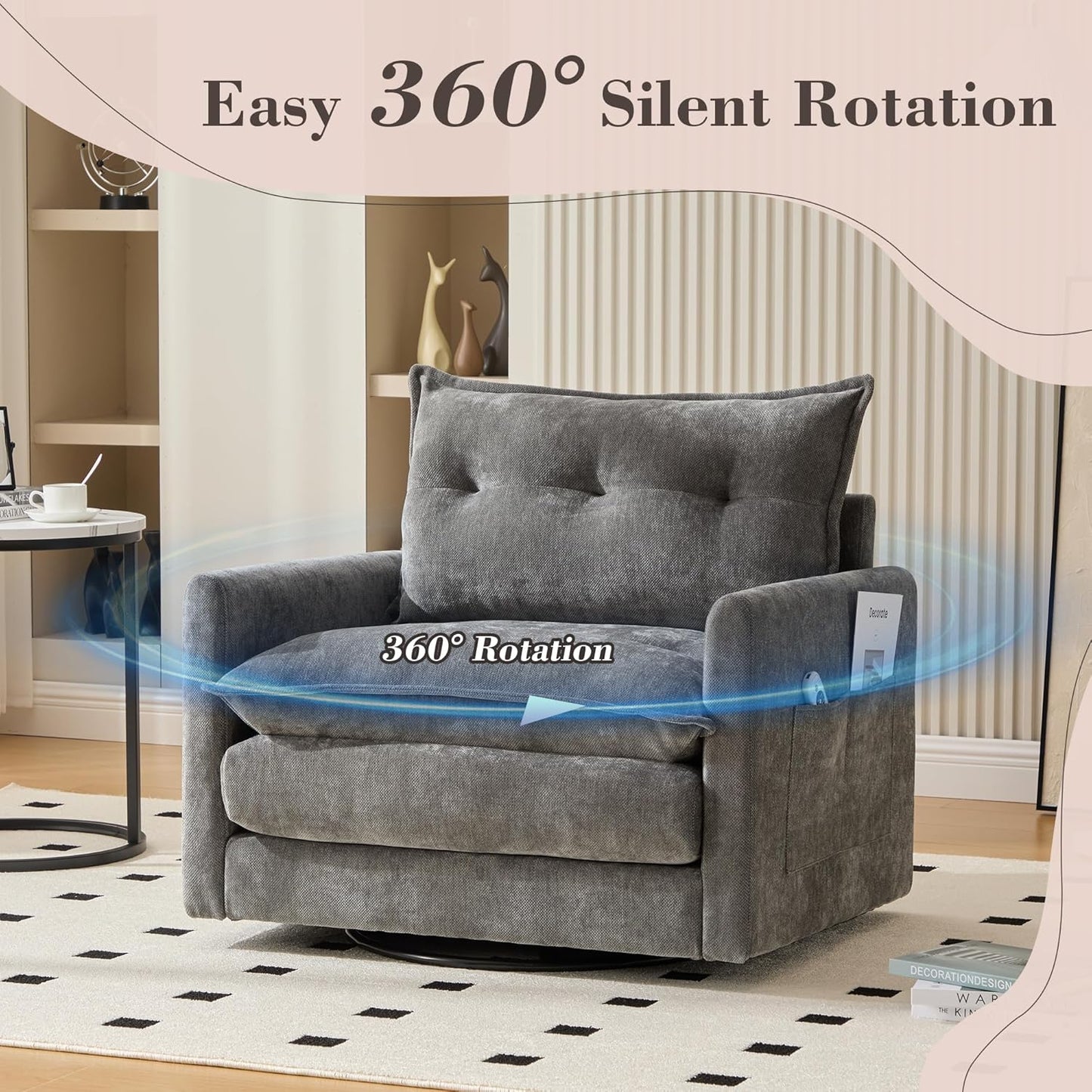 Swivel Accent Chair, 360° Rotating Square Arm Chair, Modern Accent Chair with Solid Metal Base, Chenille Comfy Upholstered Single Sofa for Living Room Bedroom Office (Gray)