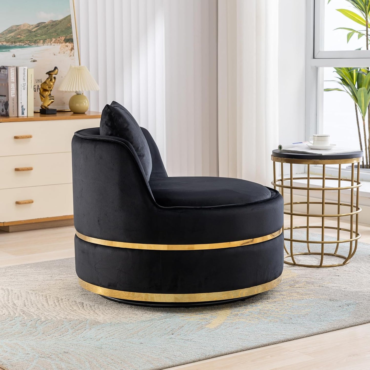 Ball & Cast 360°Swivel Accent Chair with Pillow,Velvet Upholstered Oversized Barrel Chair with Seat Cushion for Reading,Movies,Nap in Living Room,Bedroom,Apartment,Black