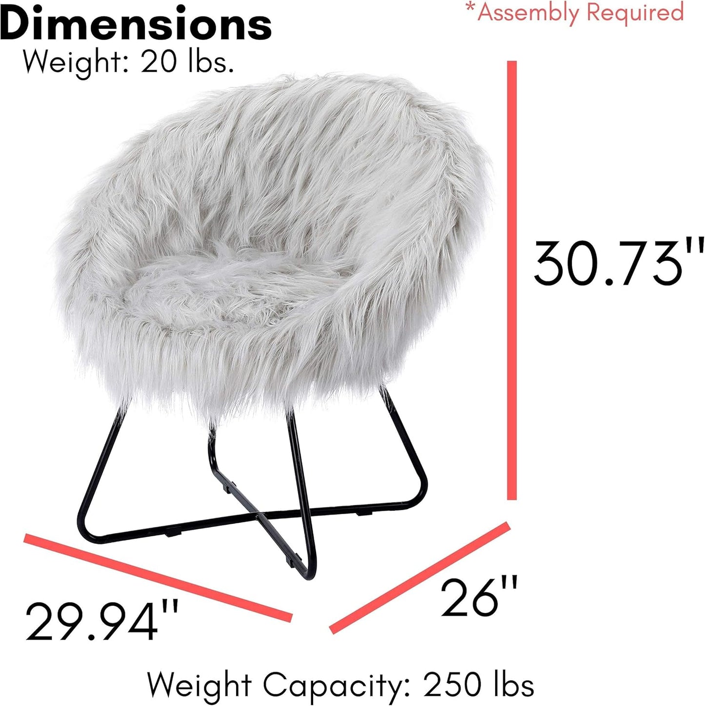 BIRDROCK HOME Faux Fur Papasan Chair with Black Legs - Luxuriously Soft & Lightweight - Wide Cushion Seat for Playroom, or Living Room - Moon Chair - Metal - Fluffy Round Seat - Circle - Grey