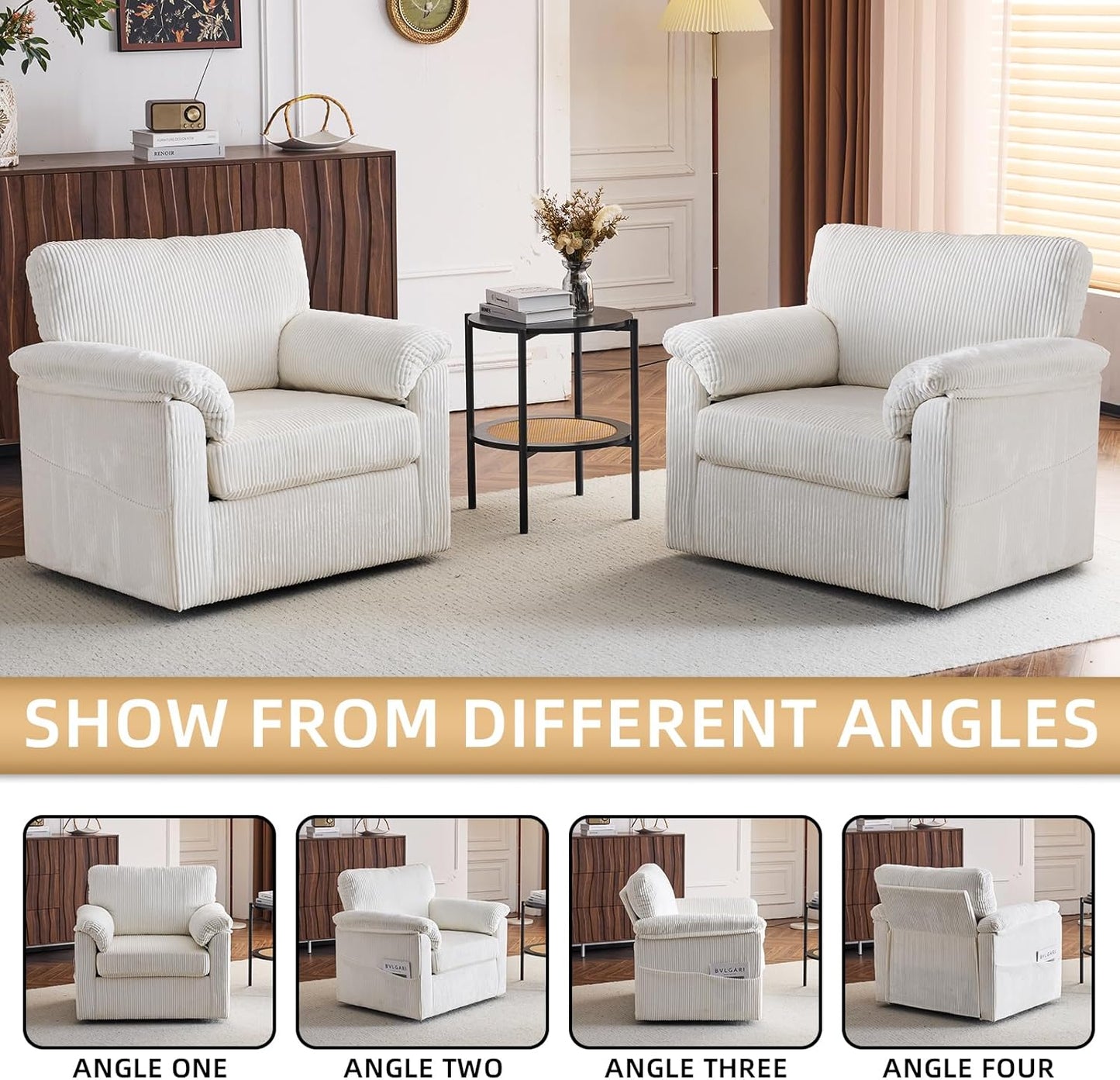 Accent Chair Set of 2, White Corduroy | Compact 360° Swivel for Small Spaces, Plush Deep-Cushioned Reading Chair