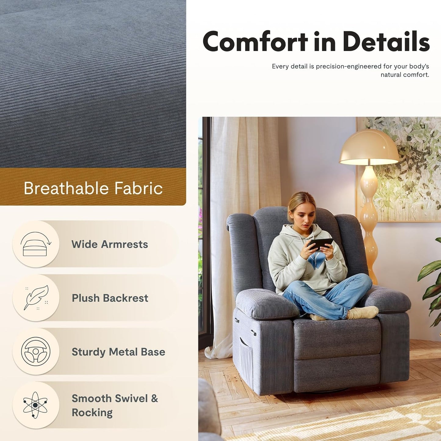 Softa Rocker Recliner Chair for Adults – Massage Swivel Rocker Recliner Chair with Heat & Vibration, 270° Swivel Glider Nursery Chair for Living Room Bedroom Nursery (Gray)