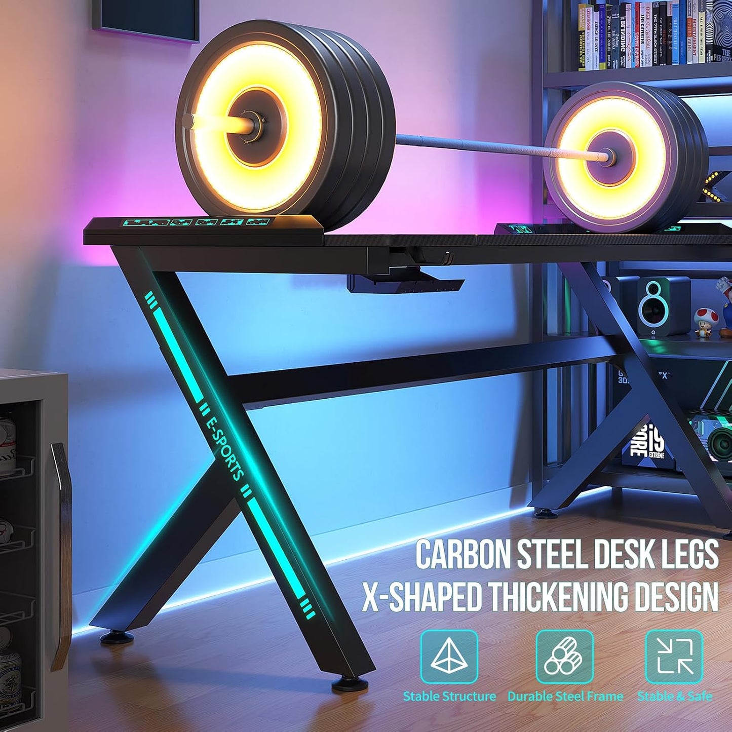 AZN Gaming Desk, 55'' Computer Desk, Gaming Desk w/LED Lights & Carbon Fiber Desktop, Home Office Desks w/Ergonomic Design, Computer Desks w/Cup Holder, Headphone Holder, Cable Organizer