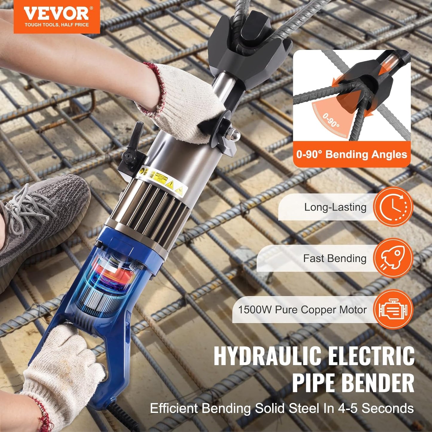 VEVOR Electric Hydraulic Rebar Bender, 1500W Portable Rebar Bending Machine, Bending up to 3/4 Inch #6 (6-20mm) within 4 Seconds, High Power Steel Rebar Bender w/Tool Case Oil Can,Black Blue RN-22