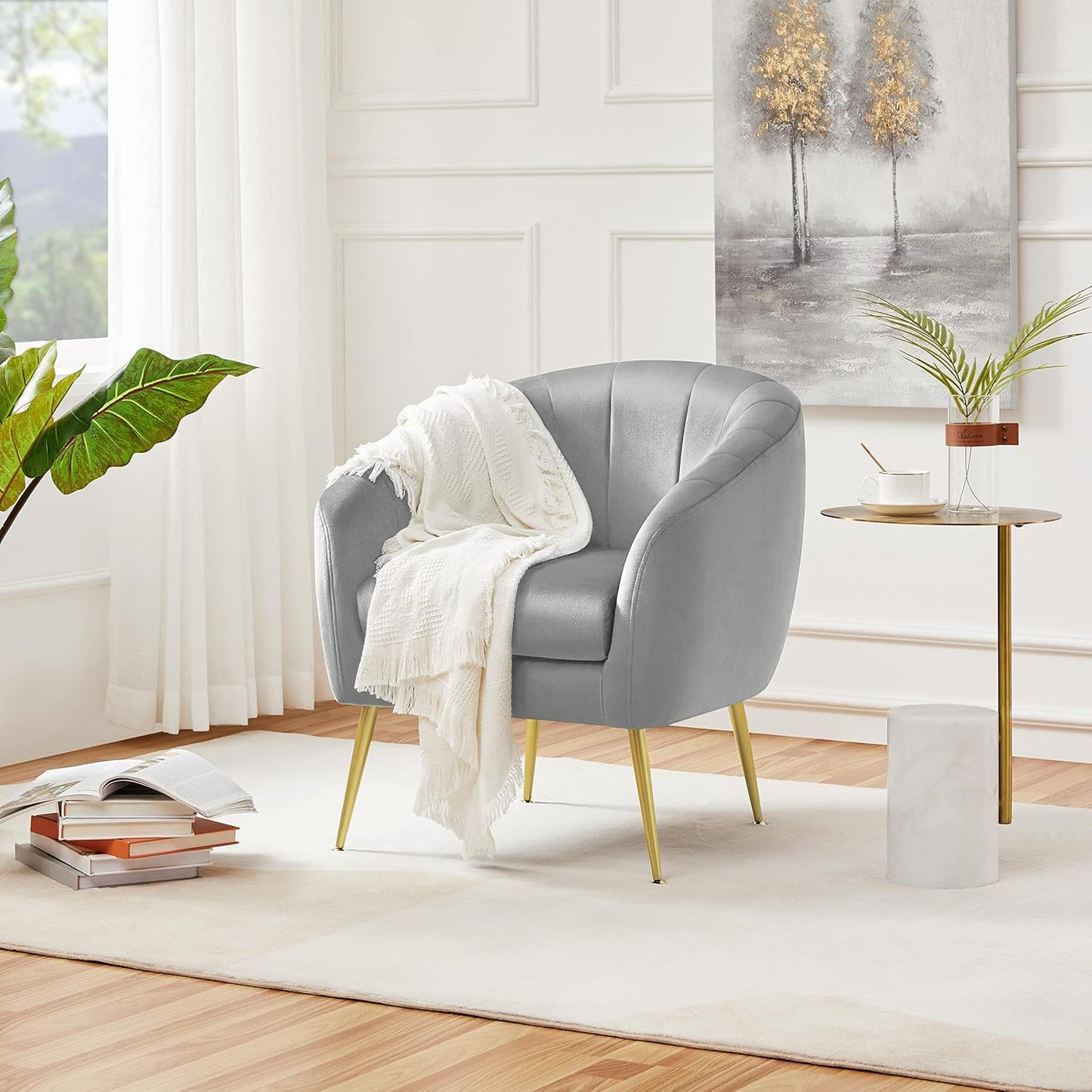 Topeakmart Velvet Accent Chair, Barrel Chair with Golden Metal Legs, Modern Leisure Chair for Living Room Bedroom Office Waiting Room, Set of 2, Gray