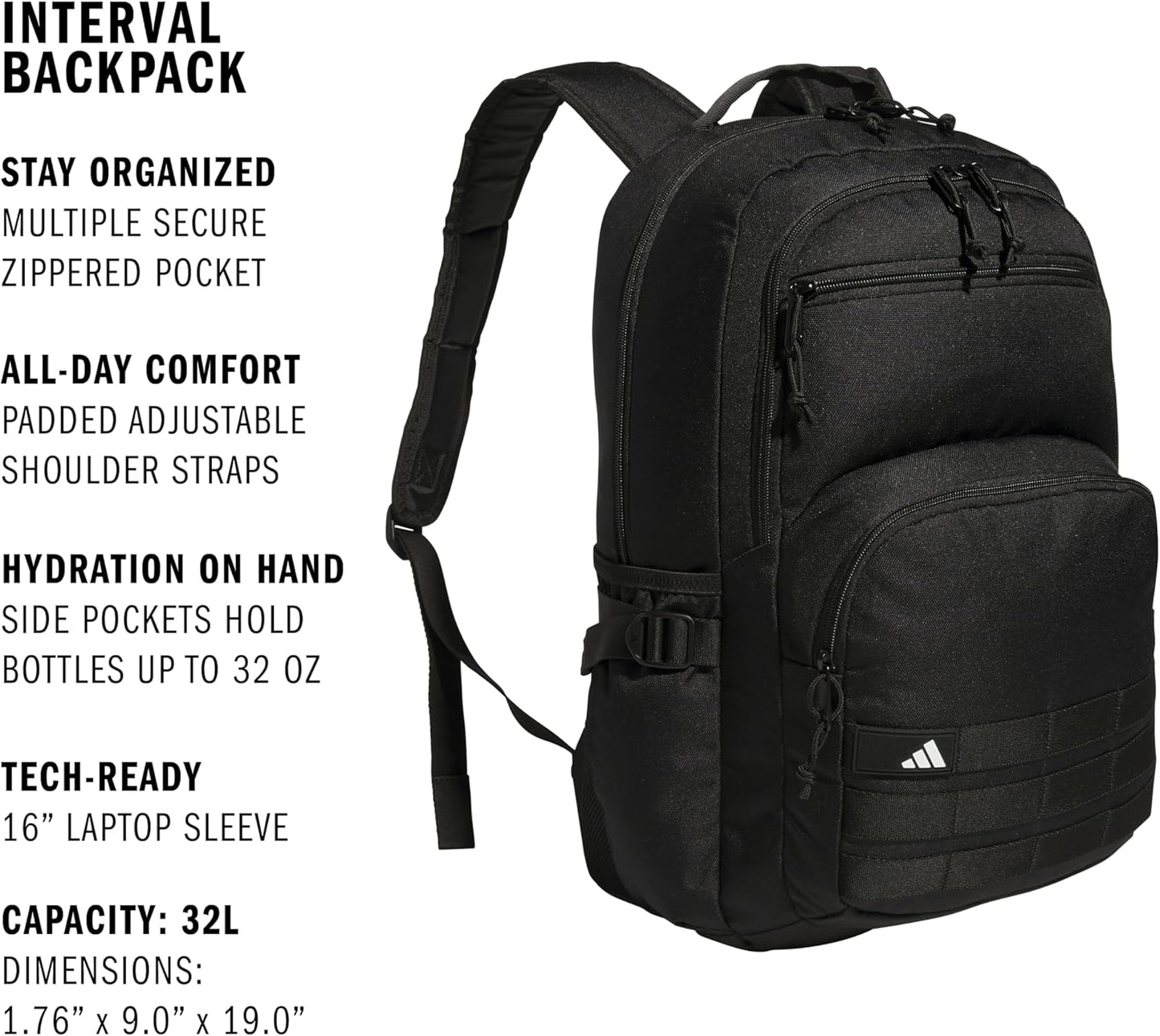 adidas Interval Backpack with Laptop Sleeve, Lightweight Durable Book Bag for Women and Men, Black/White, One Size