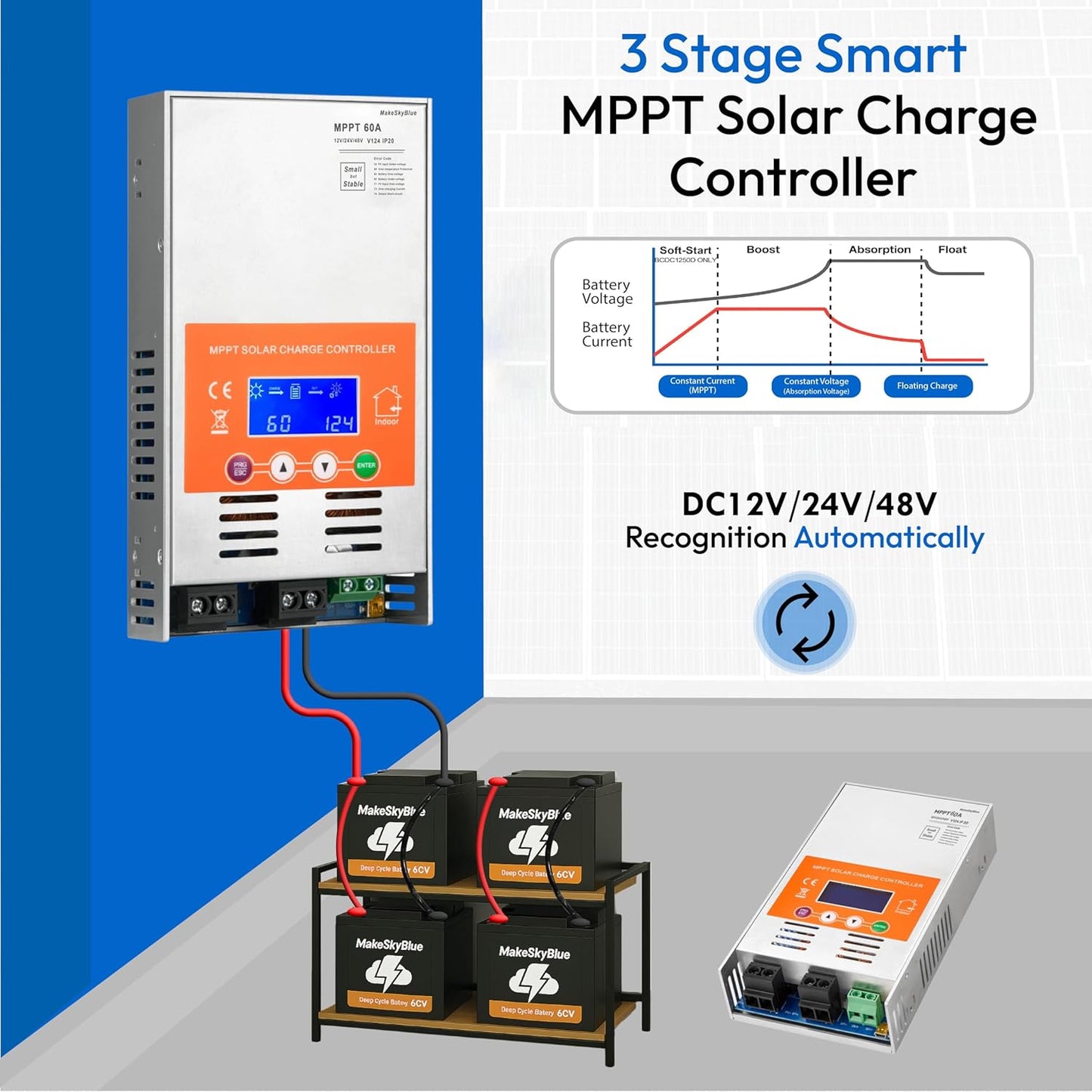 60A MPPT Solar Charge Controller, Auto 12V/24V/48V Detect, LCD Display, Max 160V PV Input, Compatible with AGM Lithium Lead-Acid Batteries