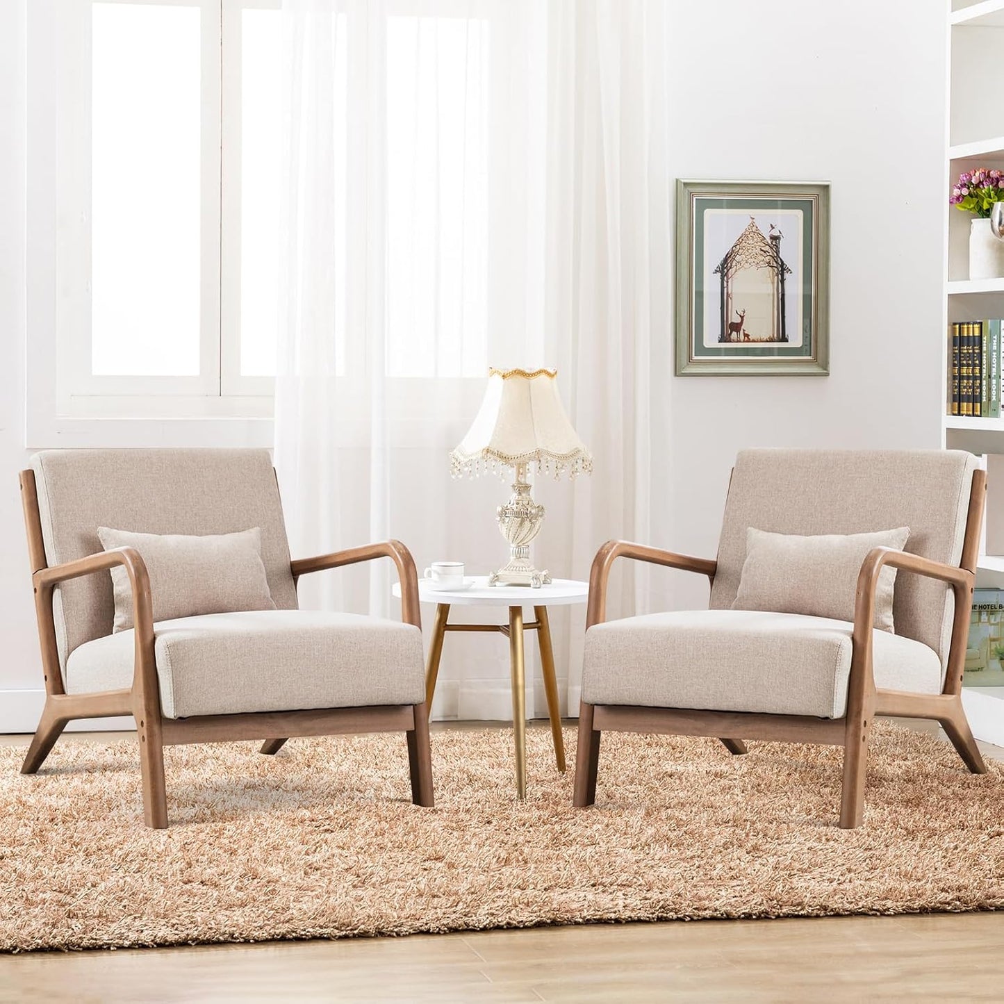 ANJ Modern Arm Chairs Set of 2, Mid-Century Modern Accent Chair Upholstered Lounge Chair with Pillow and Solid Wood Frame, Comfy Lambswool Chairs for Living Room