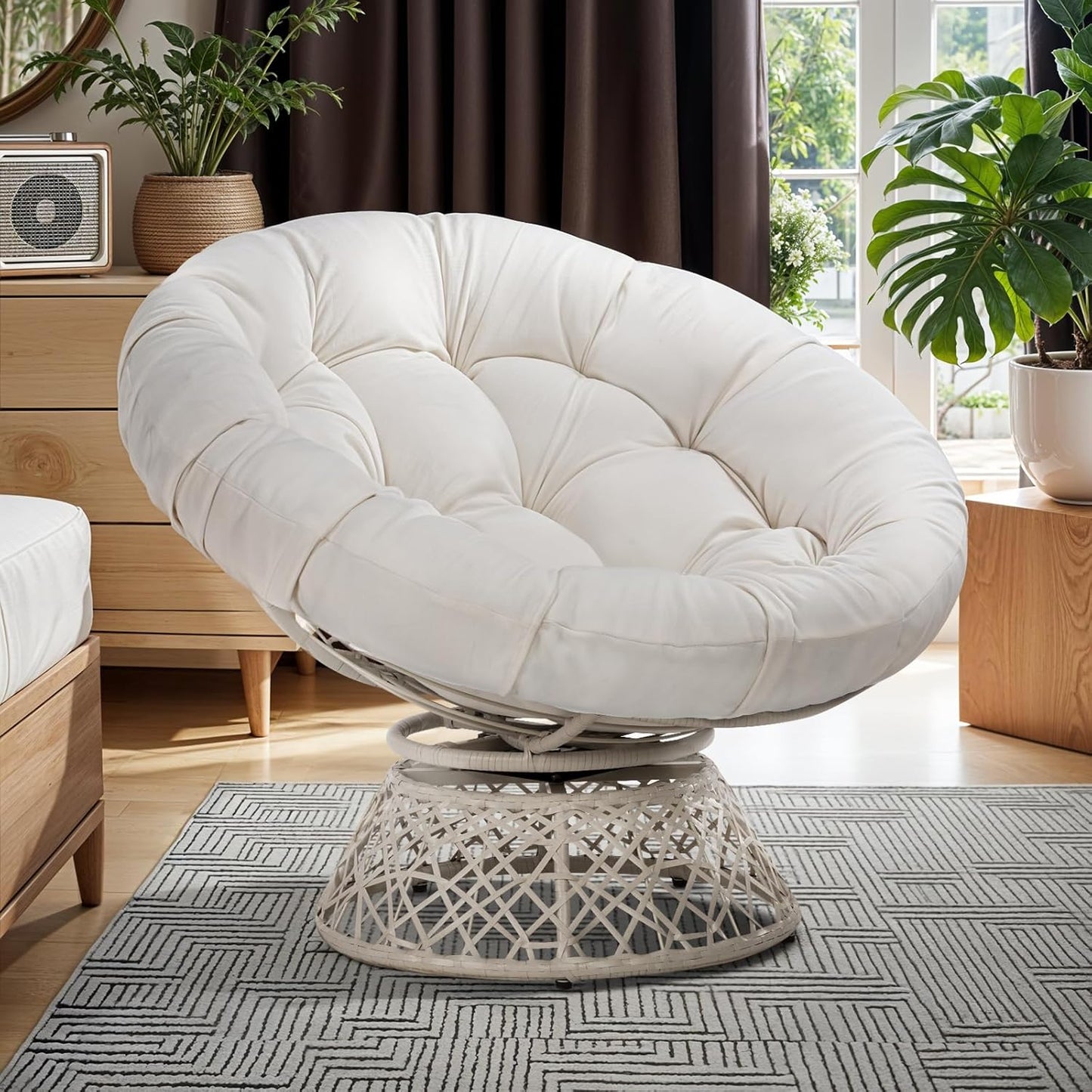 Bme 40" Ergonomic Wicker Papasan Chair with Soft Thick Density Fabric Cushion, High Capacity Steel Frame, 360 Degree Swivel for Living, Bedroom, Reading Room, Lounge, Silver Cloud - Black Base