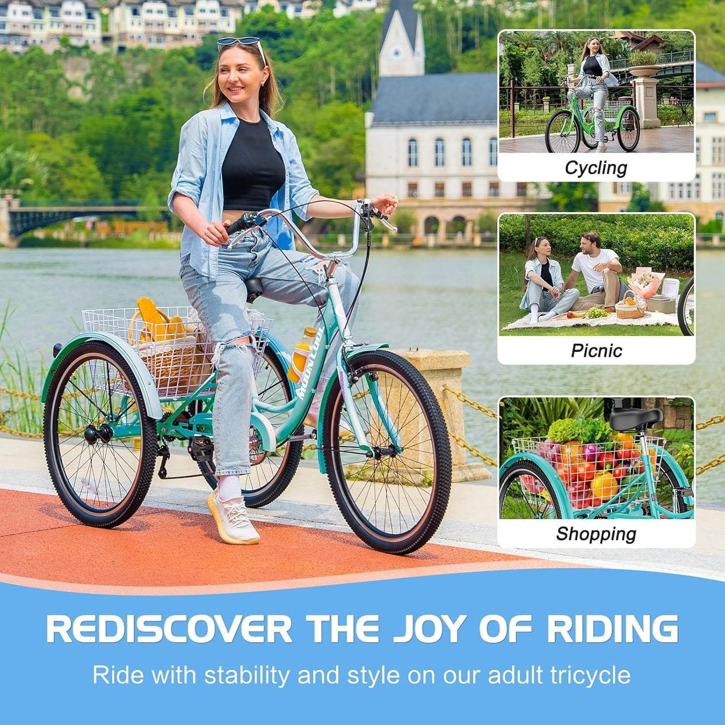 Slsy Adult Tricycles 7 Speed, Adult Trikes 20/24/26 inch 3 Wheel Bikes, Three-Wheeled Bicycles Cruise Trike with Shopping Basket for Seniors, Women, Men