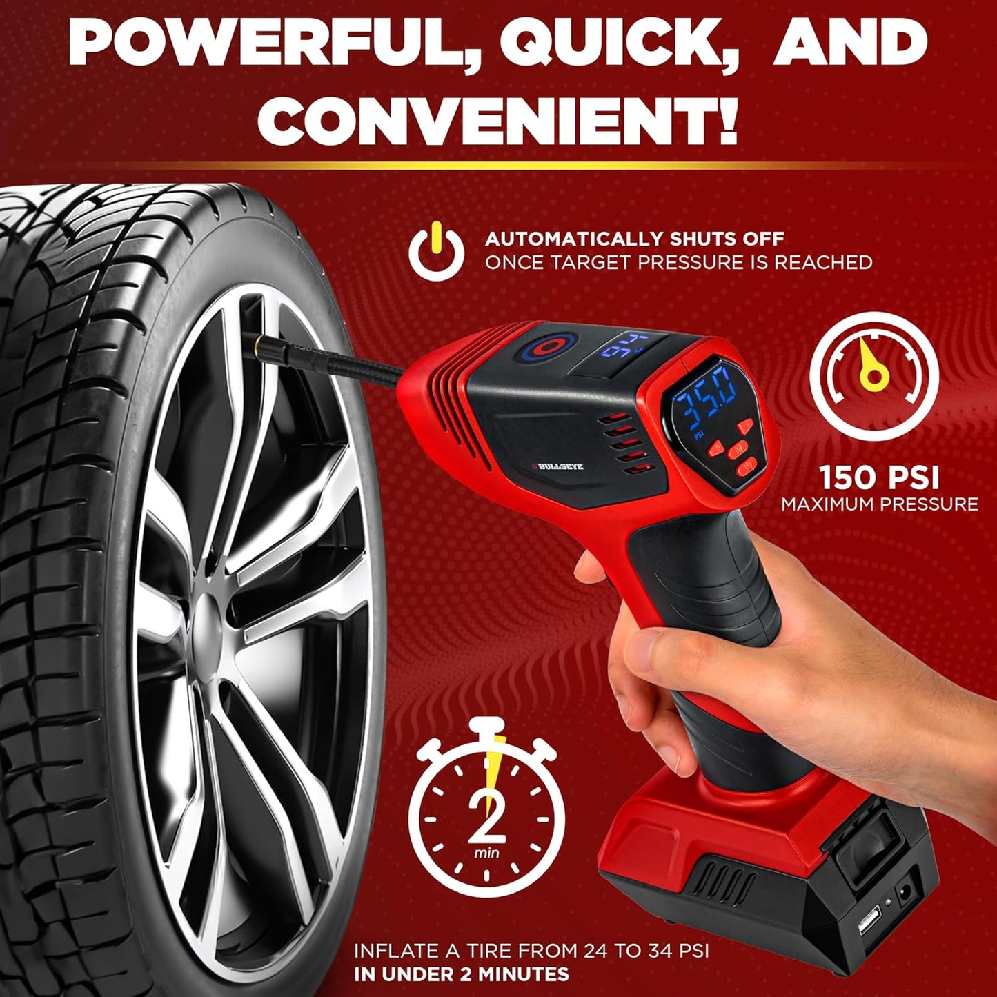 Bullseye Pro Max Deluxe Tire Inflator Portable Air Compressor, Portable Air Pump for Car Tires, Car Tire Inflator Portable - 150PSI, 12V DC 2000 mAhs, Tire Pressure Gauge, Rechargeable As Seen On TV